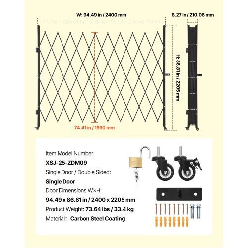 Single Folding Security Gate, Lockable Scissor Gate with 360?° Swivel Caster