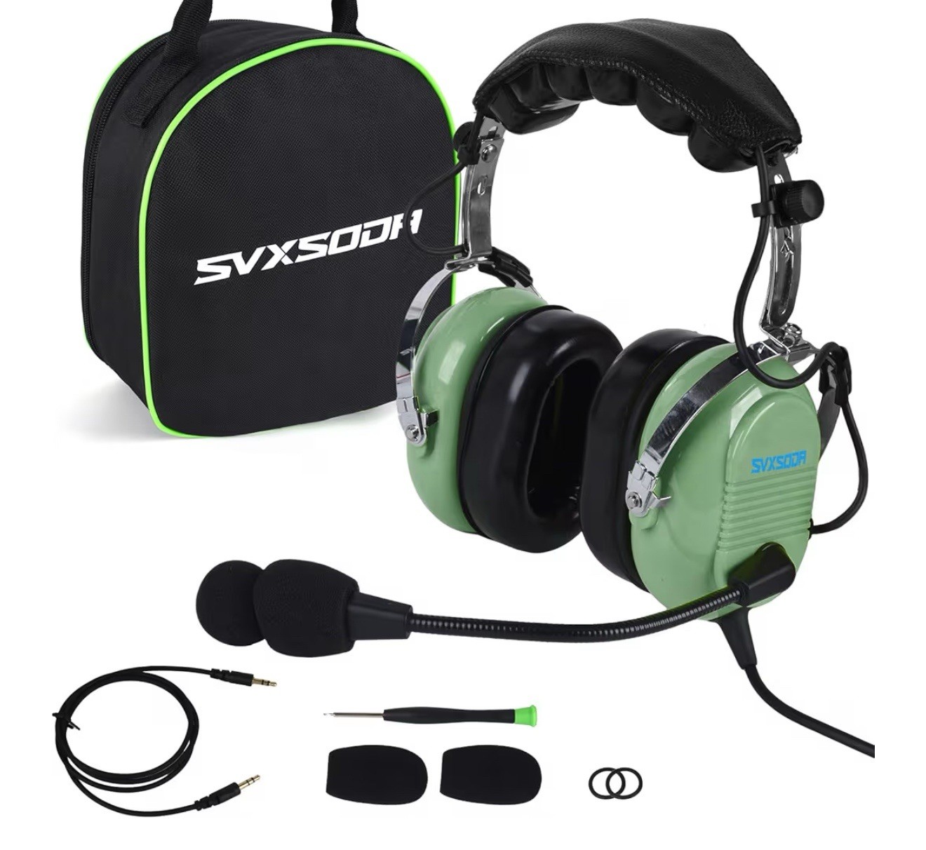 SVXSODA 629-B Aviation Headset Light Green Stereo/Mono GA Twin Plug Mic 24dB
