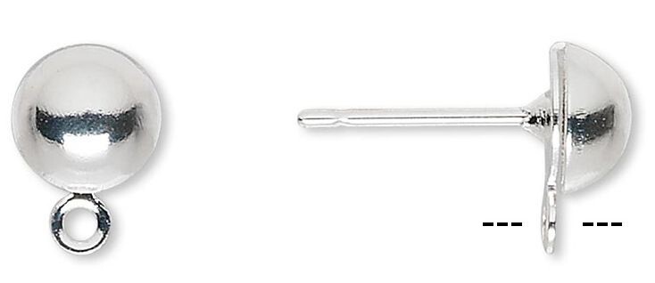 Earstud, Silver Plated 8mm Half Ball Earring Post with Closed Loop