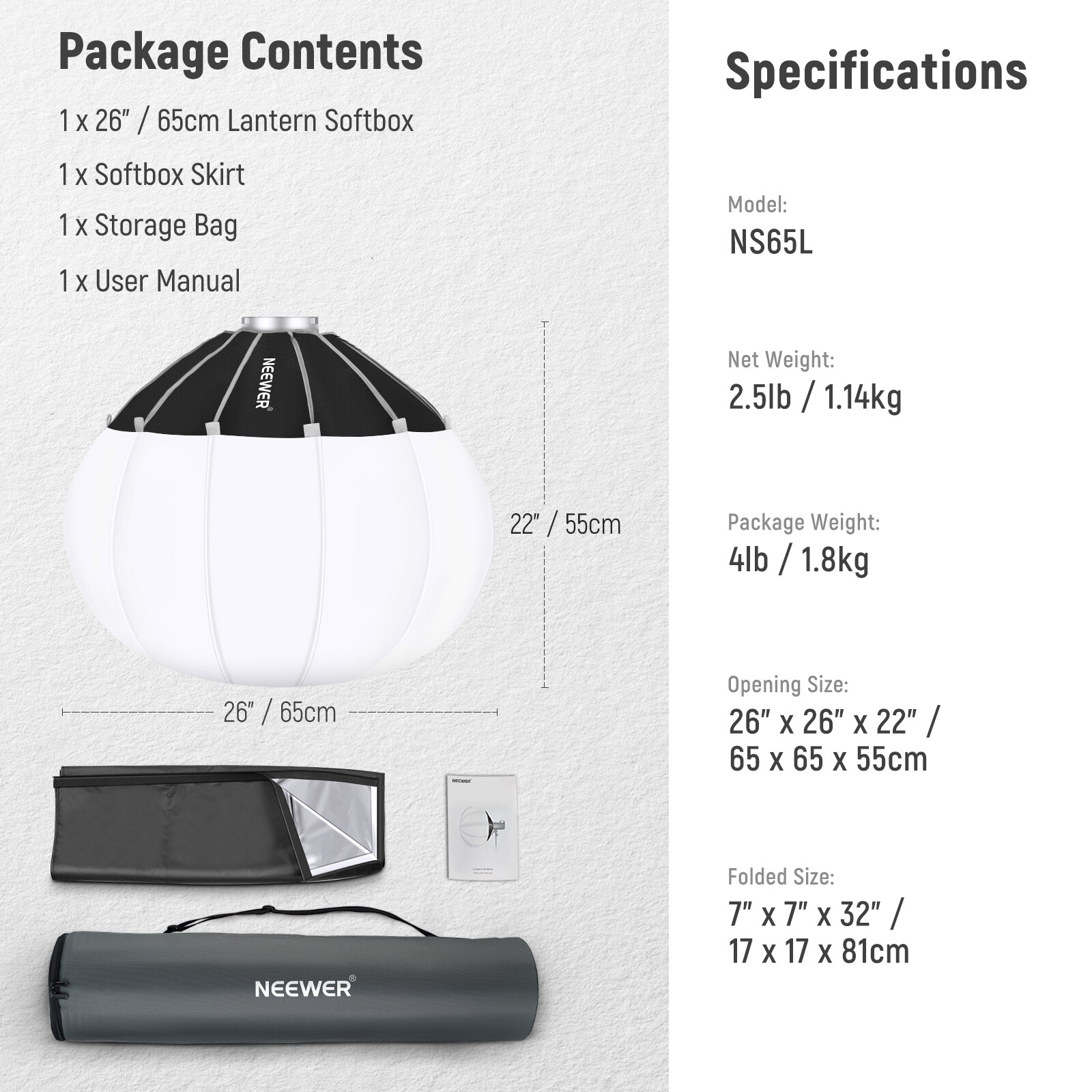 NEEWER 65cm Lantern Softbox One Step Quick Release， Light Diffuser with Skirt