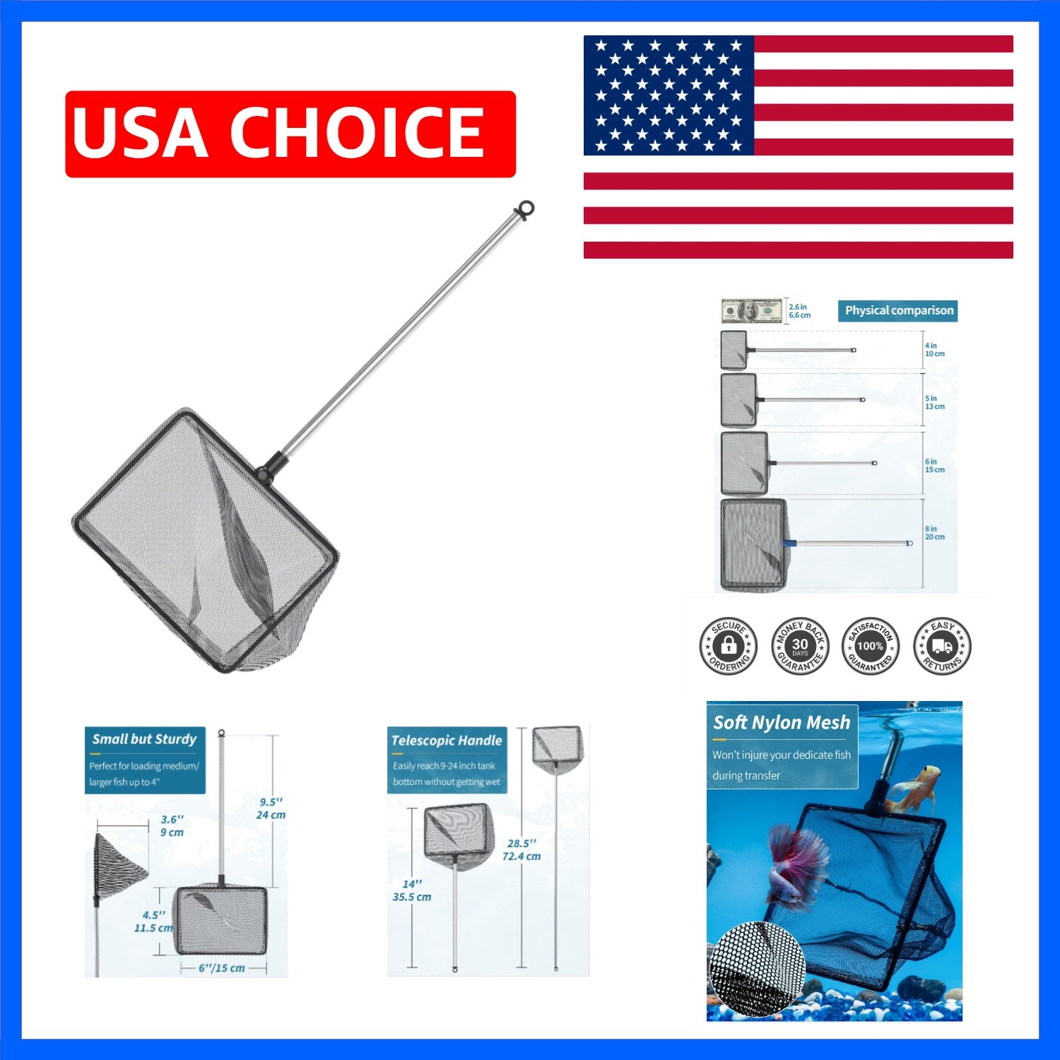 Aquarium Fish Net with Extendable 9-24 Inch Long Handle for Betta Fish Tank S...
