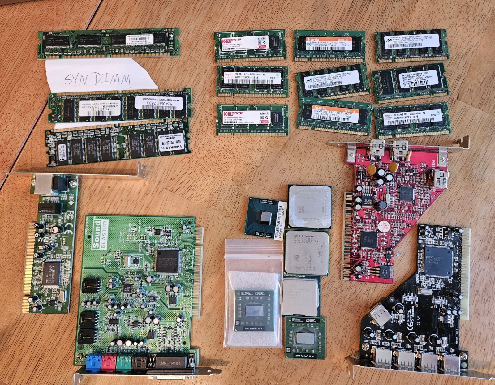 Lot Vintage PC Parts: DDR2, SYN DIMM, AMD Intel CPUs, Soundblaster, Capture Card