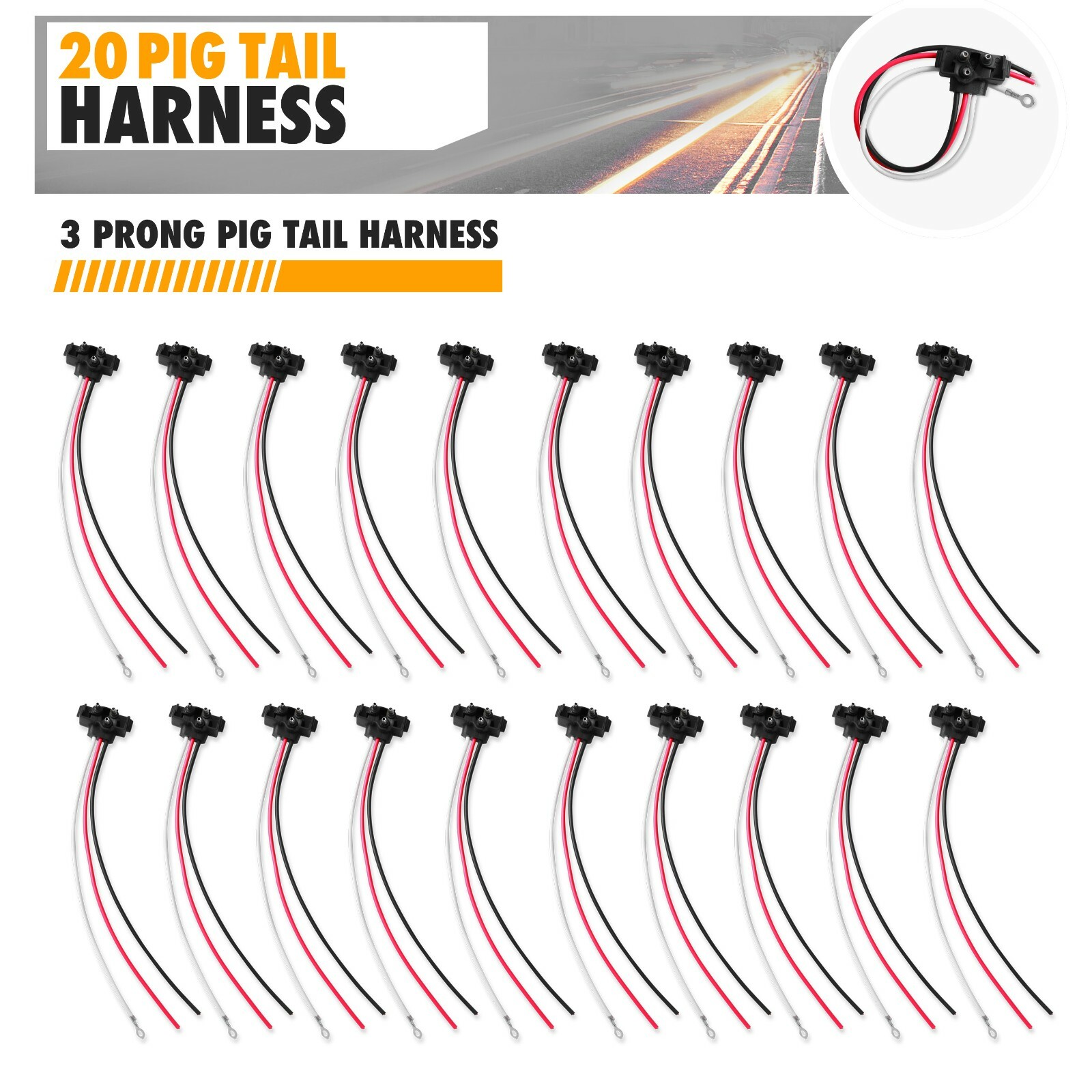 20x Round/Oval Stop Turn Tail Marker Light 3 Prong Trailer Pigtail Wire Harness