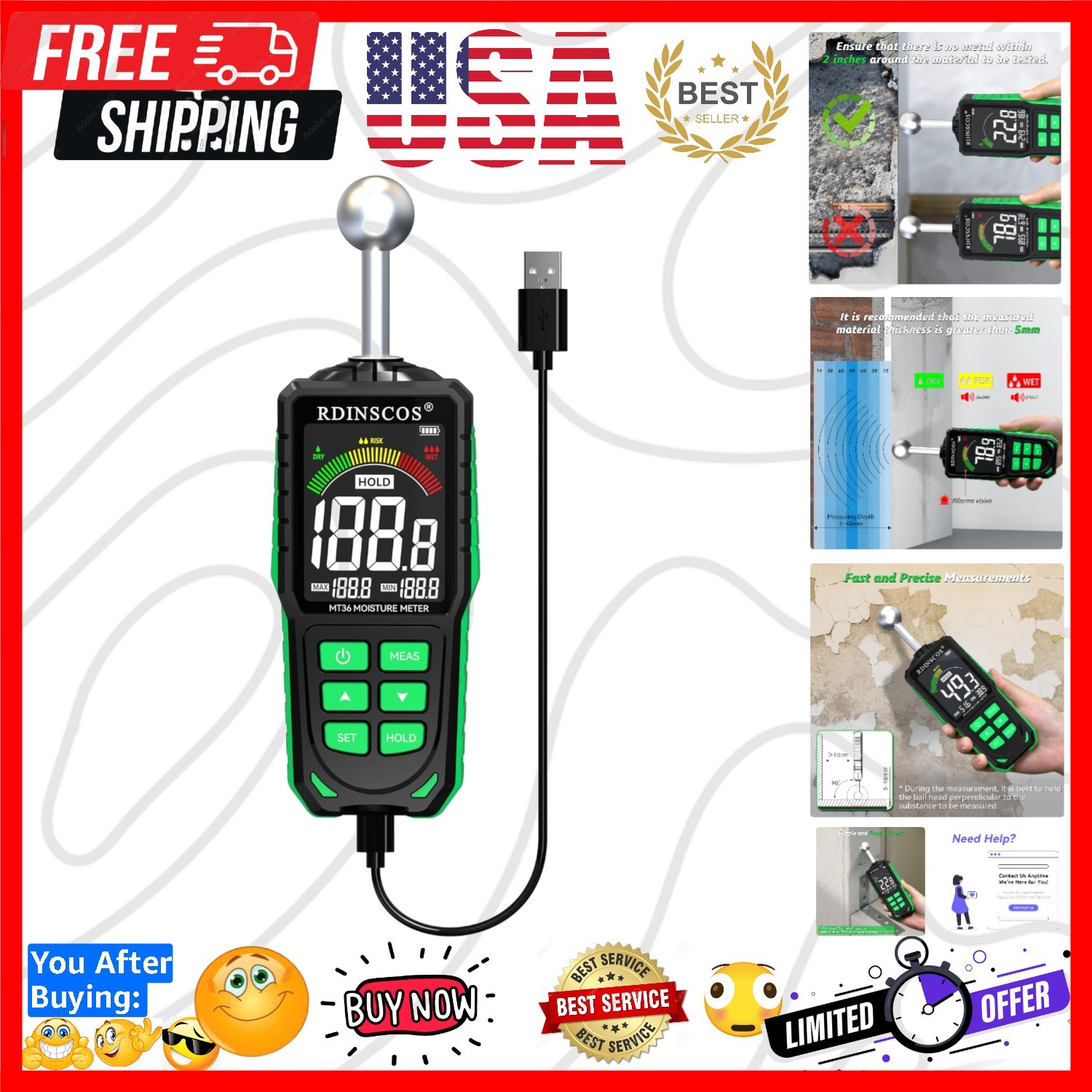 Pinless Moisture Meter for Drywall for Wood and Wall; Ball type Moisture Readers