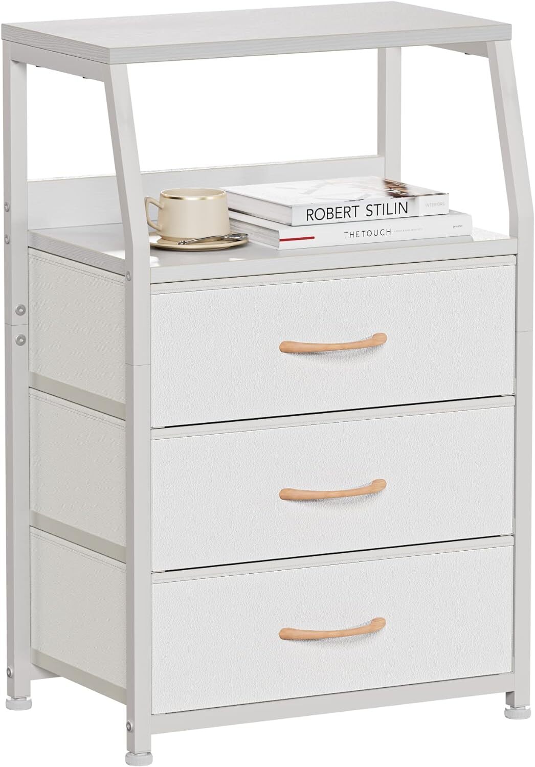 Furnulem White Nightstand with 3 Drawers and 2-Tier Shelf, 3 Drawers,