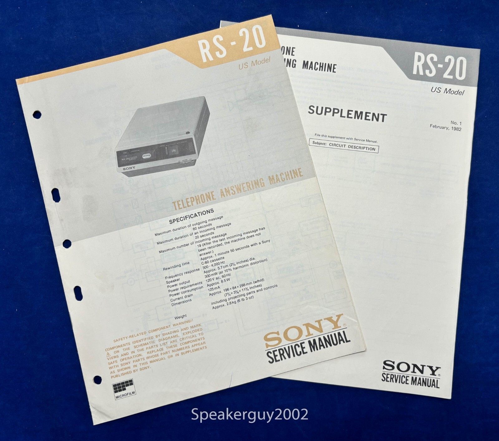 Original Sony RS-20 Answering Machine Service Manual