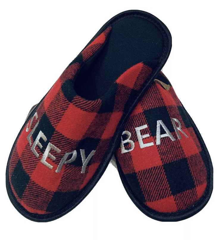 Men’s Sleepy Bear Plaid Slippers 7/8 Small New In Bag Indoor& Outdoor Sole