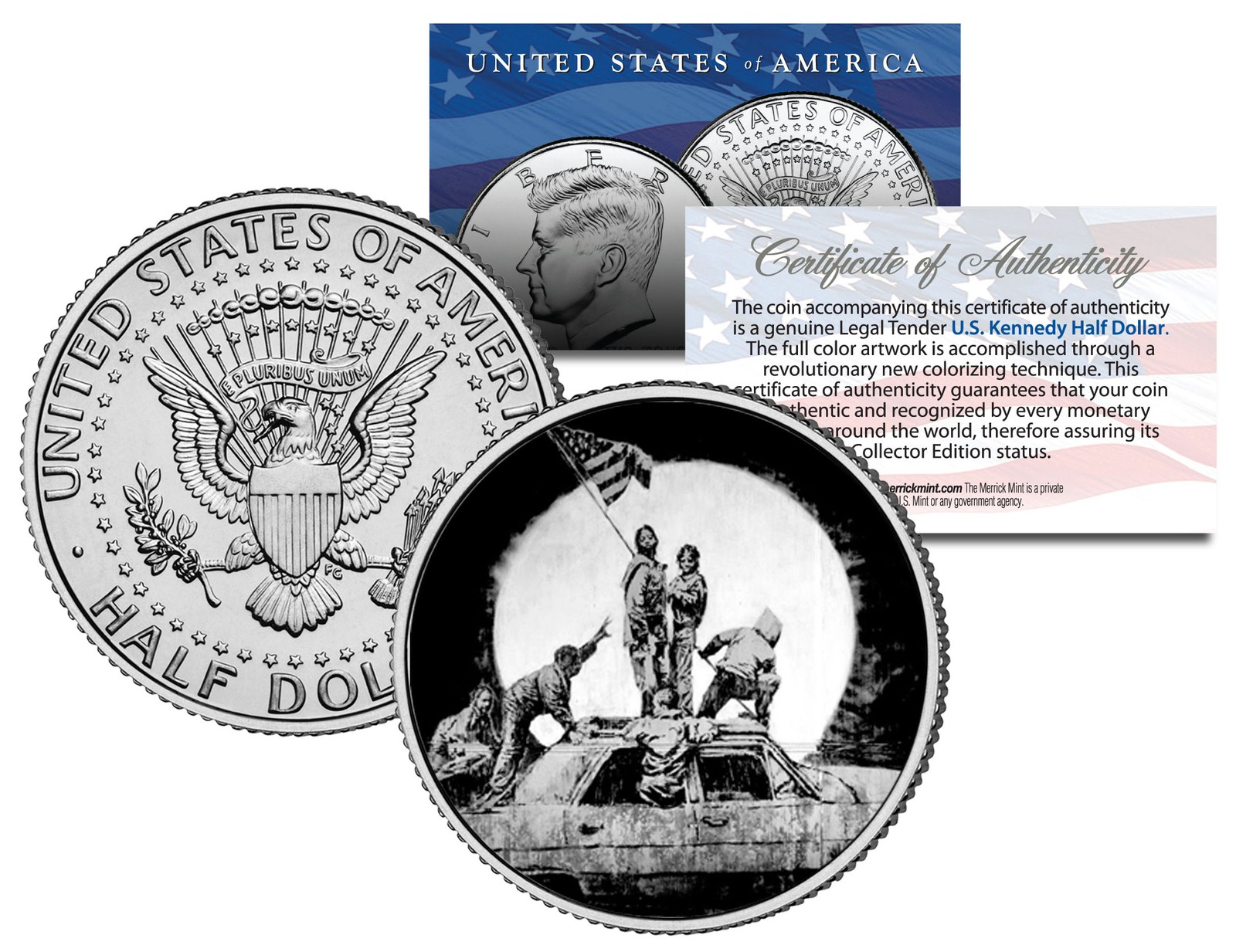 BANKSY * RAISING THE FLAG ON IWO JIMA * Colorized JFK Half Dollar U.S. Coin Art