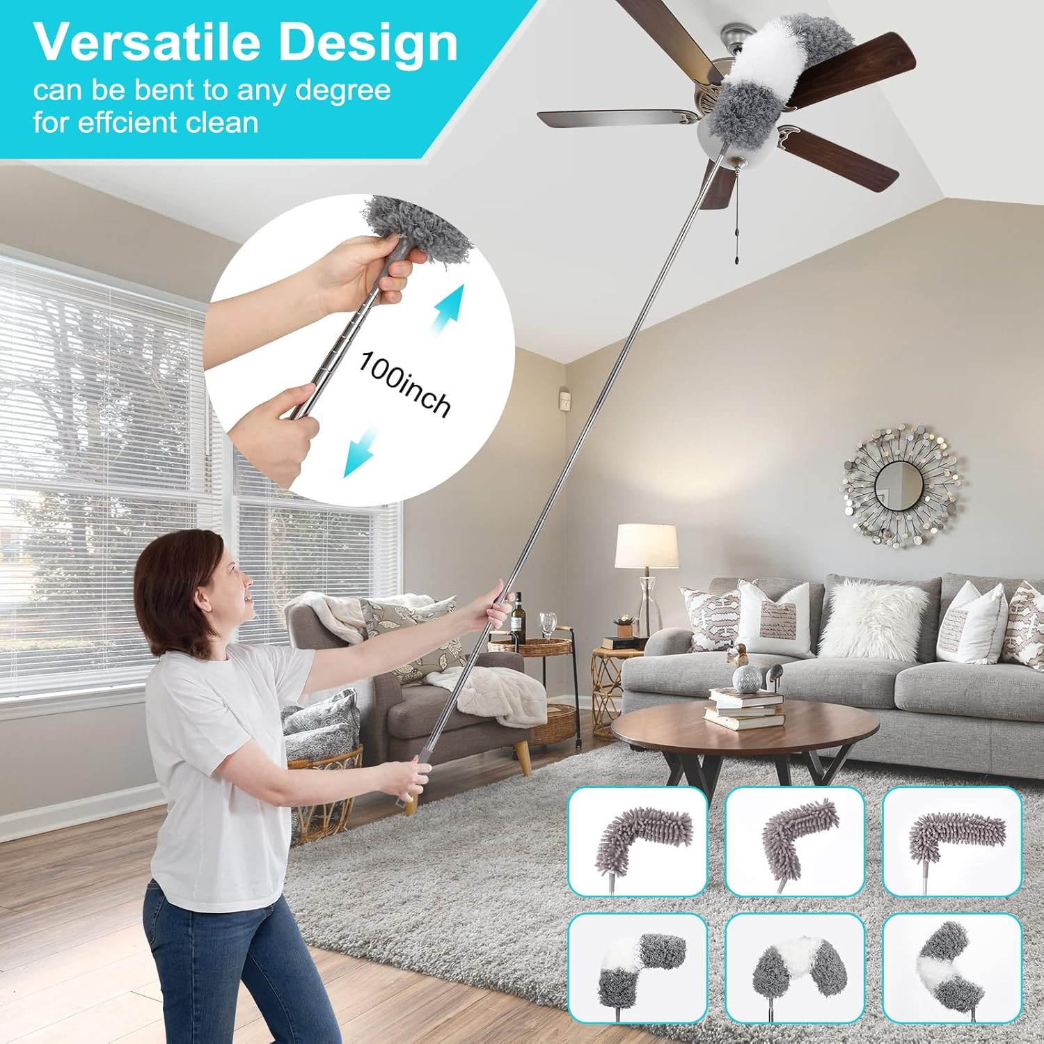 12pc Extendable Duster Kit 100in Pole with Microfiber Cobweb & Crevice Brushes