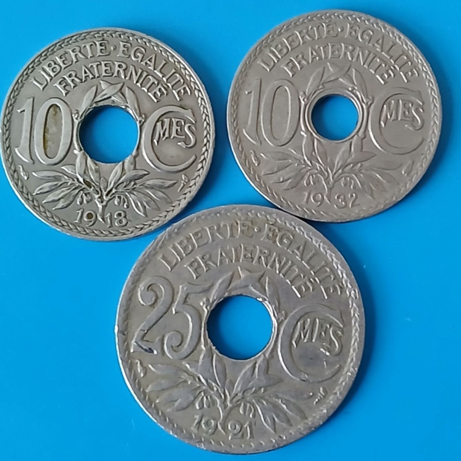 France 10 Centimes 1918, 1932,  25 centimes 1921    3 OLD Coins