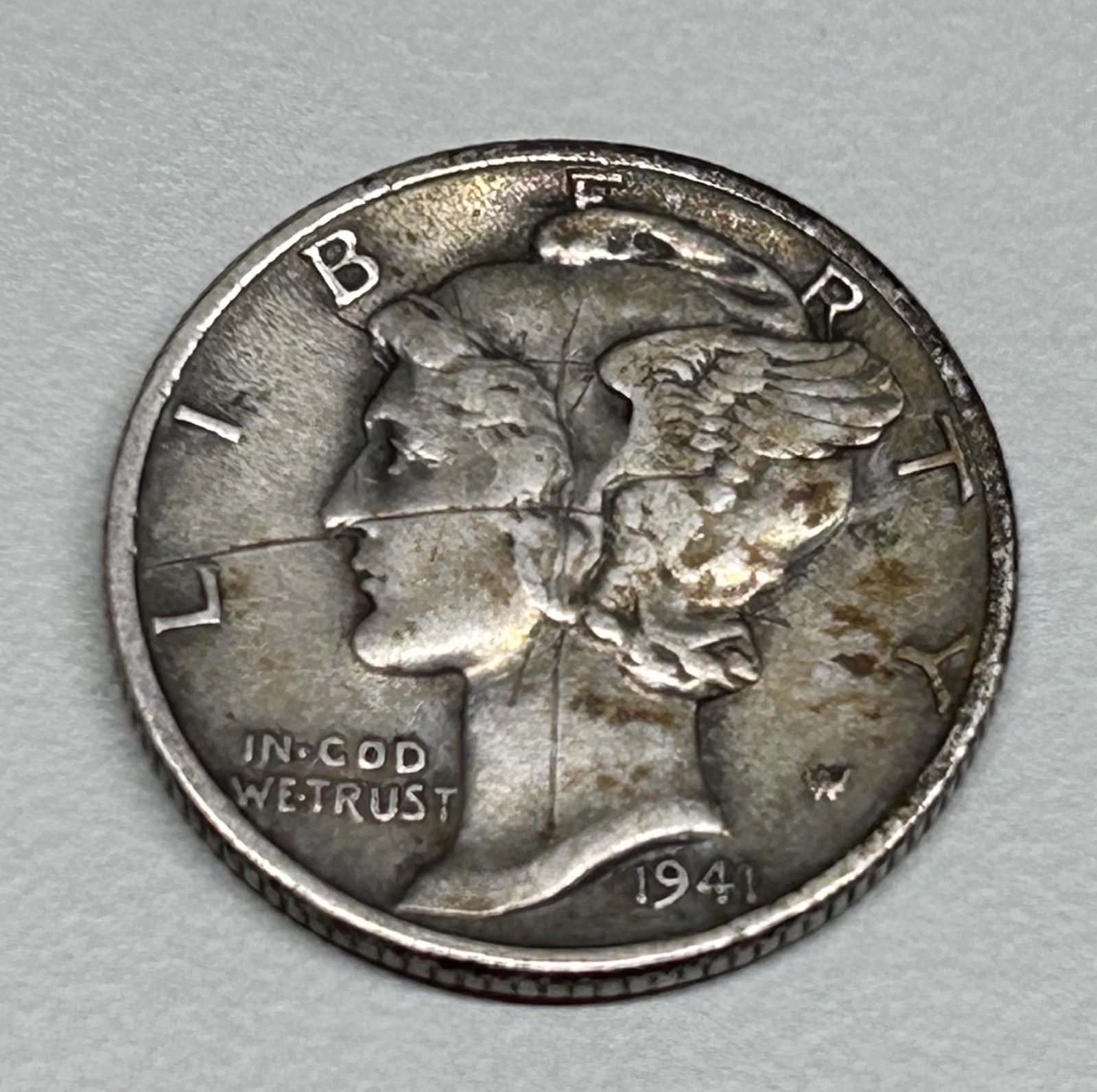 1941 D Mercury Dime Intersecting Lamination Die Crack Mint Error Silver 10C Coin