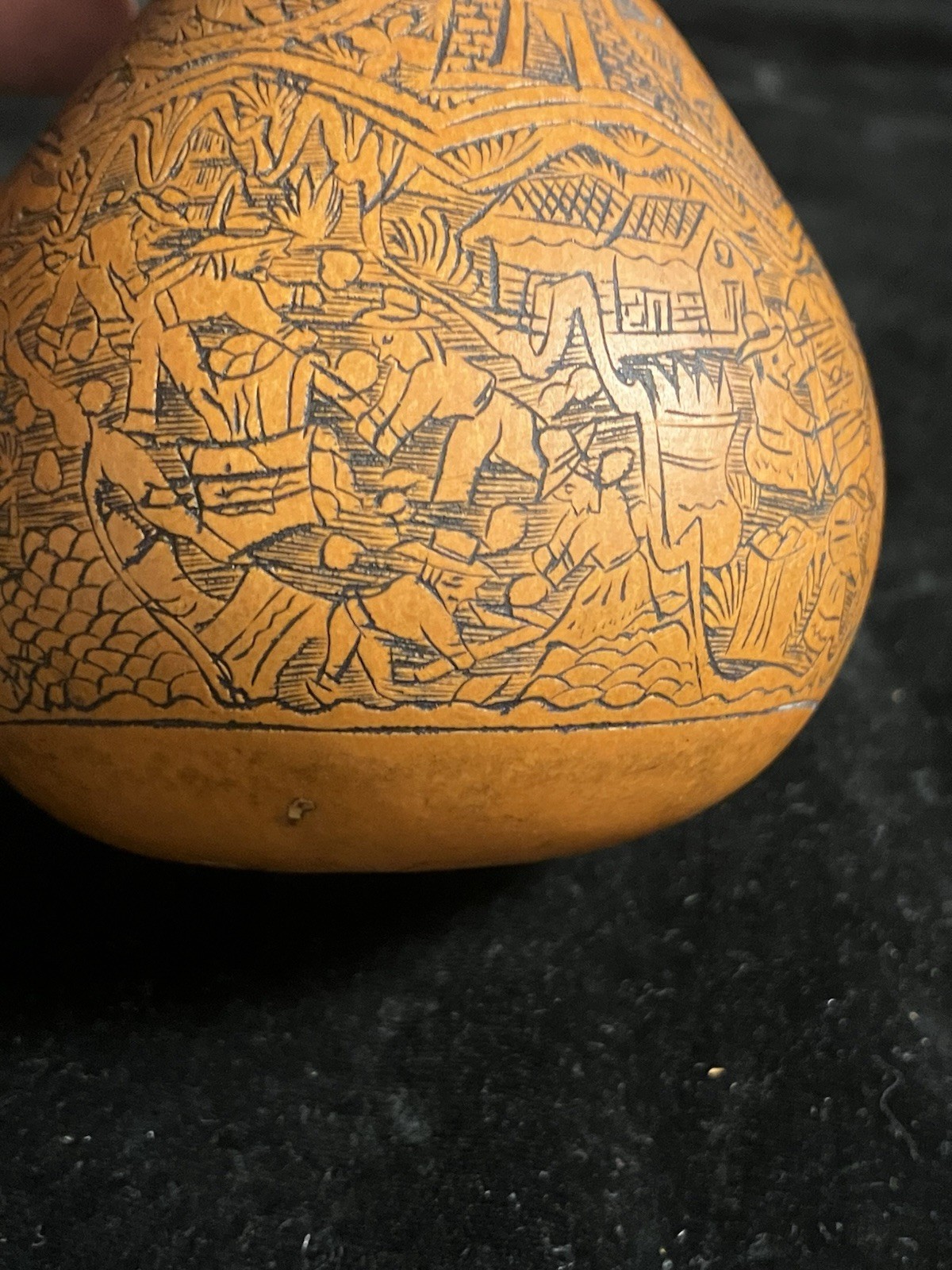 Peruvian Intricate Hand Fine Carved Etched Gourd Rattle Peruvian Culture Scenes