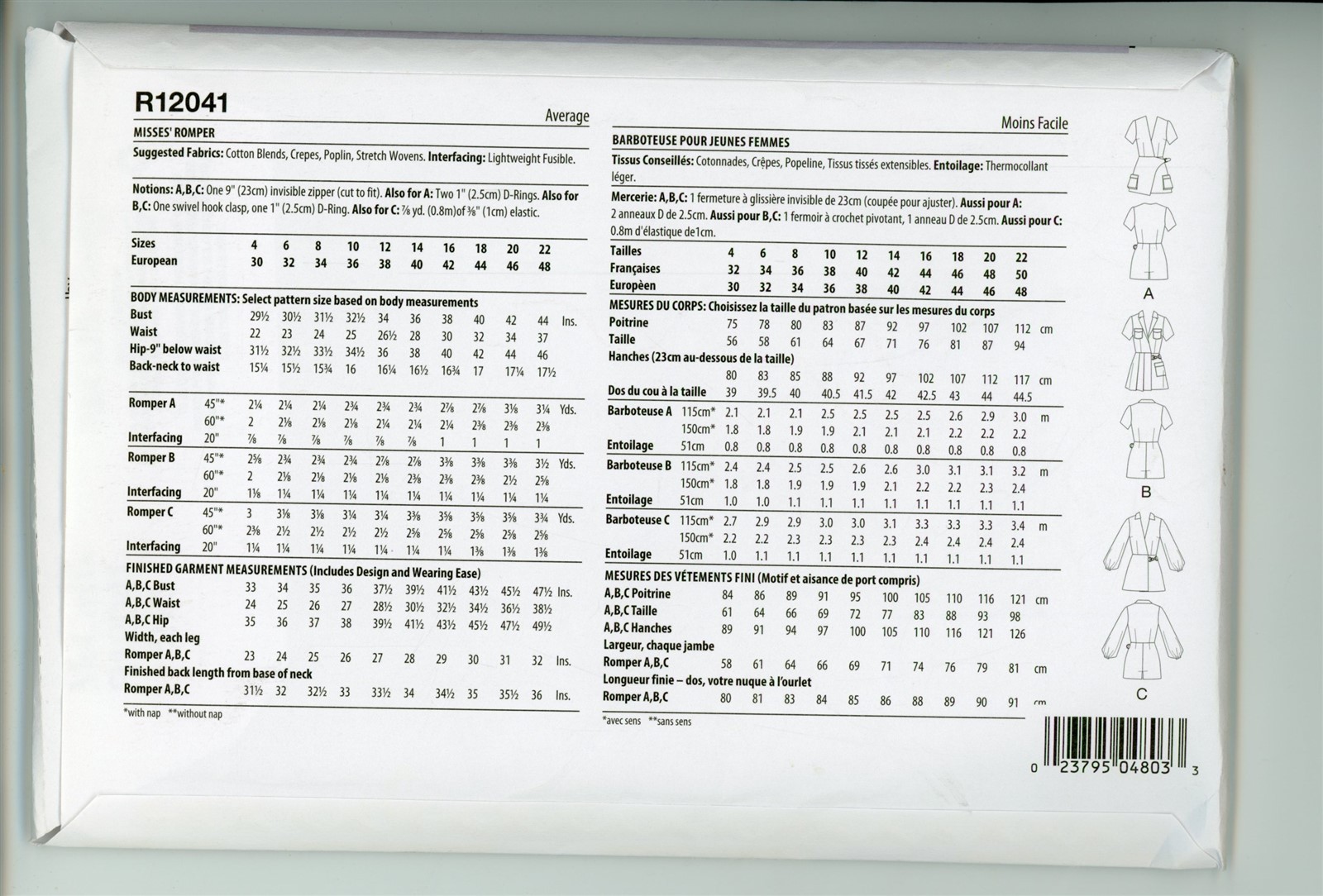 McCALL'S #R12041 SEW PATTERN SIZE D5(4-12) MISSES ROMPER