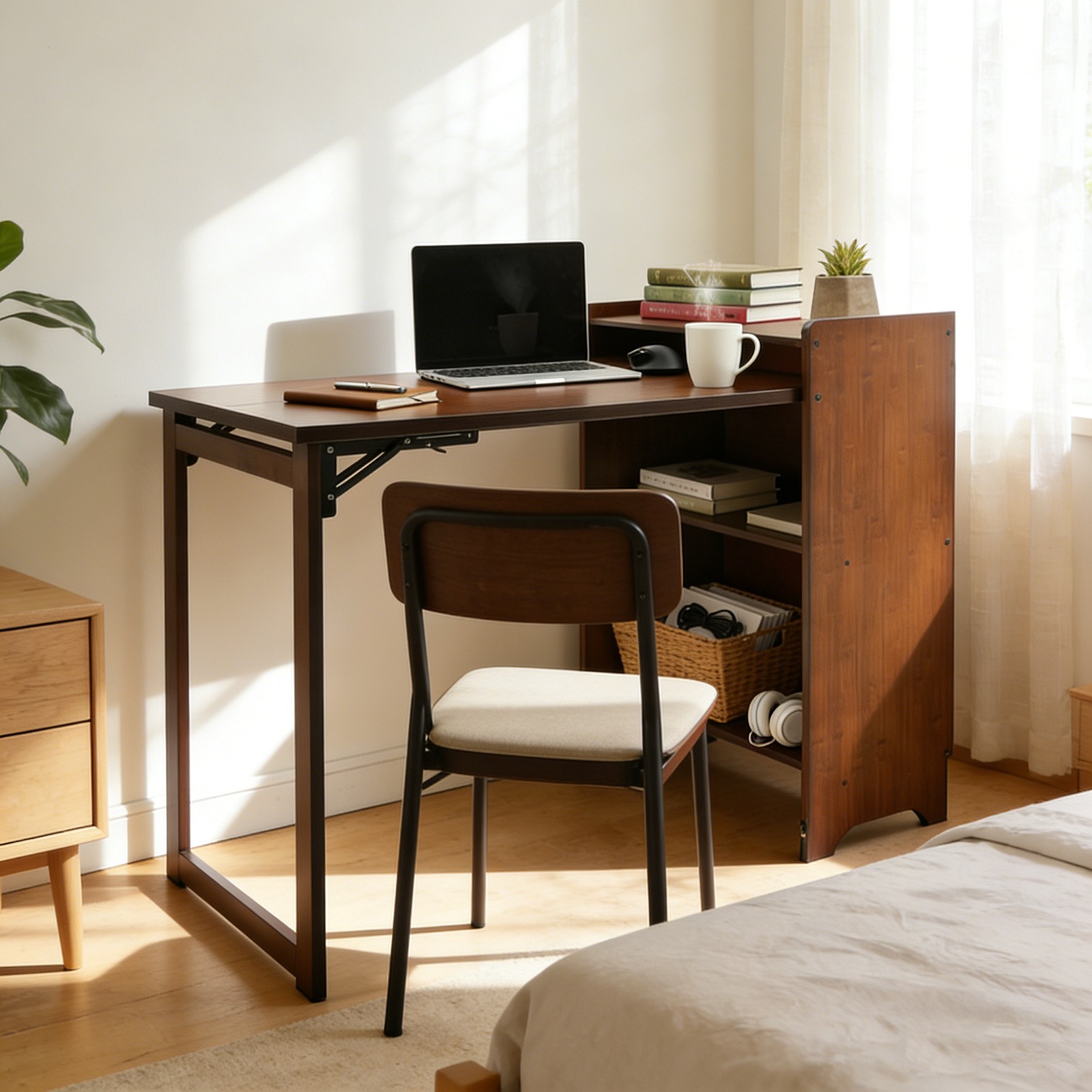 Folding Desk with Storage Shelves,Bookcase with Drop Down Table for Study Office