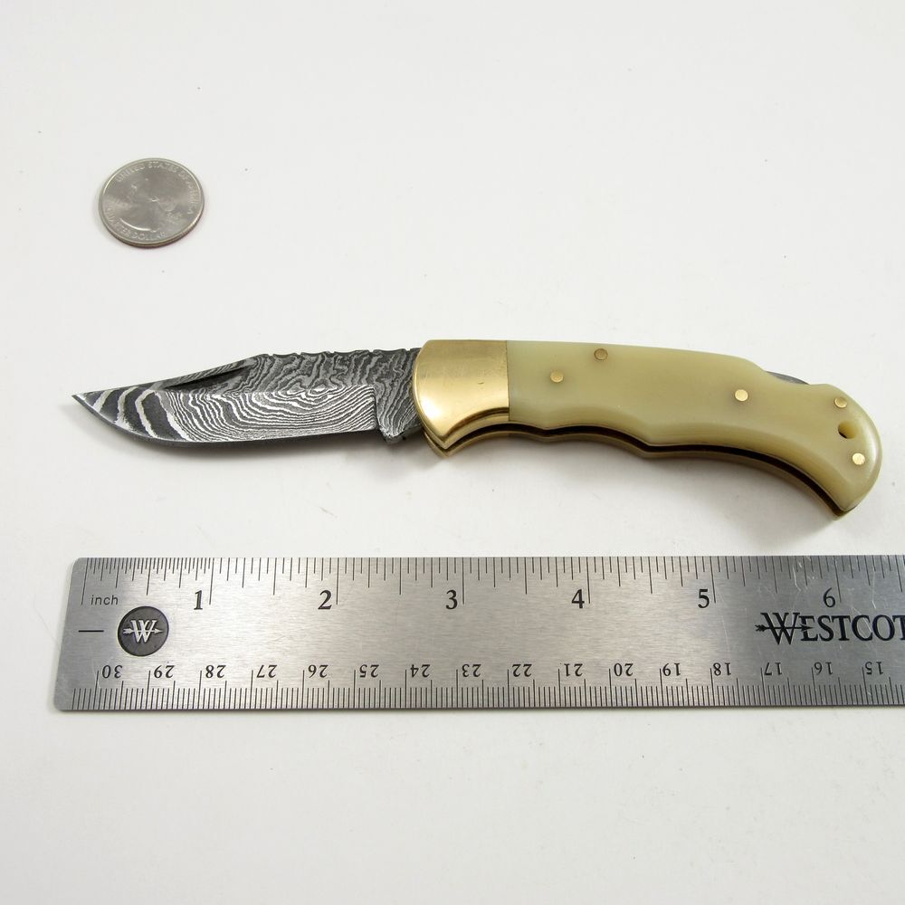 FOLDING POCKET KNIFE | Damascus Steel Blade Filework Spine Bone Handle Lockback