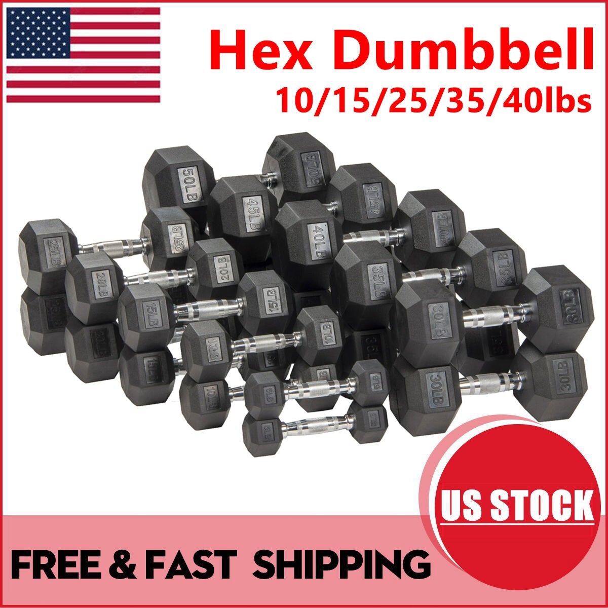 Black Rubber Encased Hex Dumbbell Gym Fitness, 10/15/25/35/40LBs, Single (1 PC)