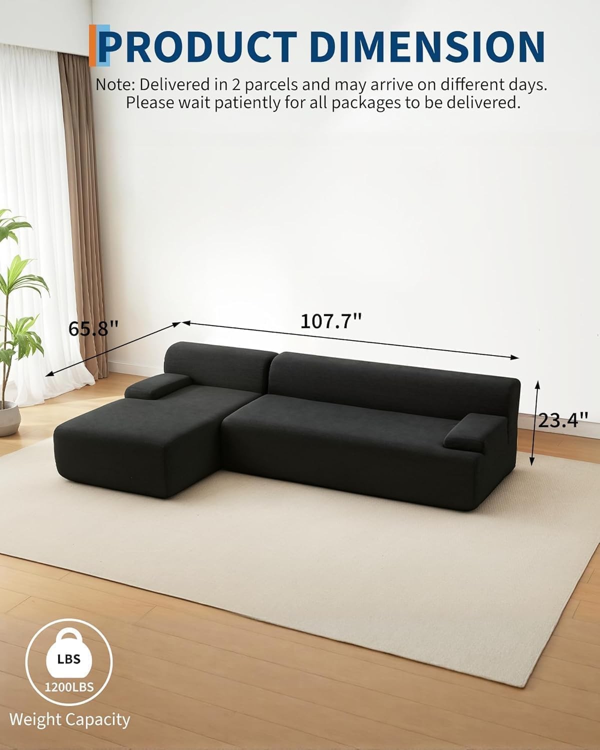 108" Modular Cloud Couch Sectional with Left Chaise, L-Shaped Boneless Sofa