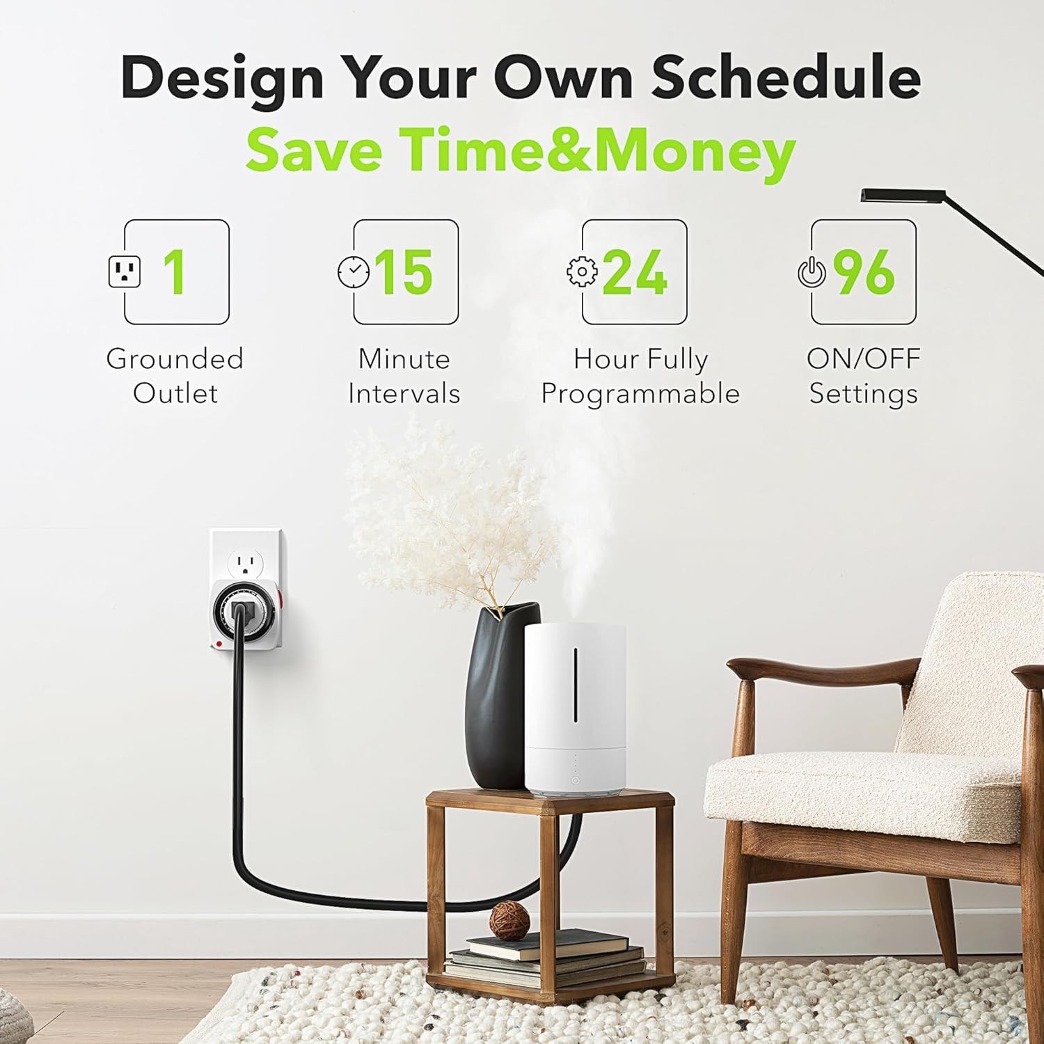 Outlet Timer Indoor, 24-Hour Heavy Duty Mechanical Light Timer with 15-Minute...