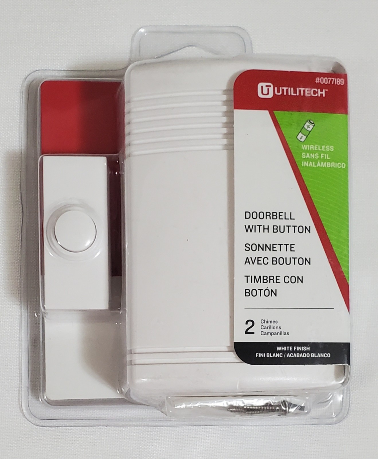 Utilitech Wireless Doorbell #0077189 2 Chimes With Button White Push NOS