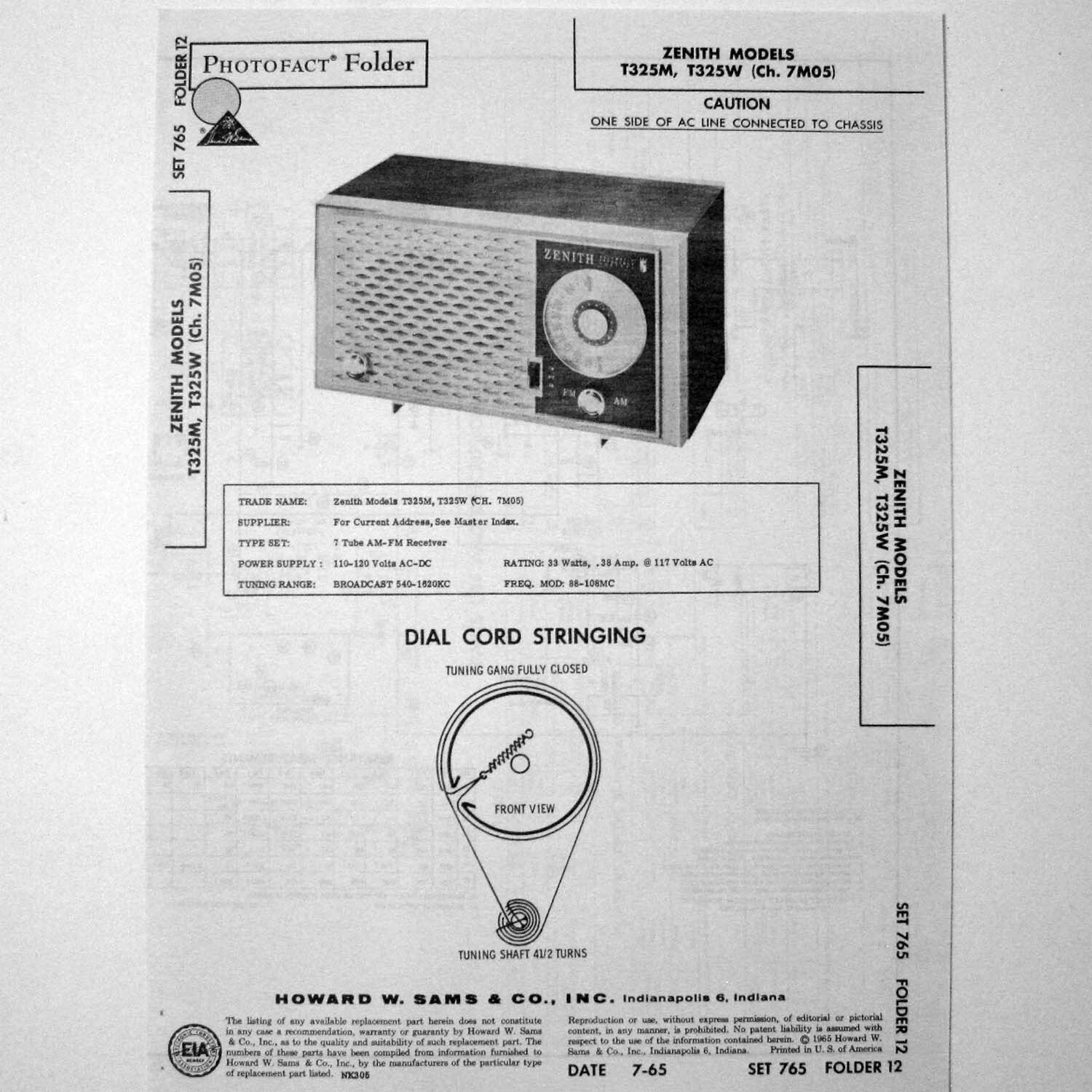 Zenith Models T325M T325W Table Top Radio SAMS Photofact ™ 1965 New