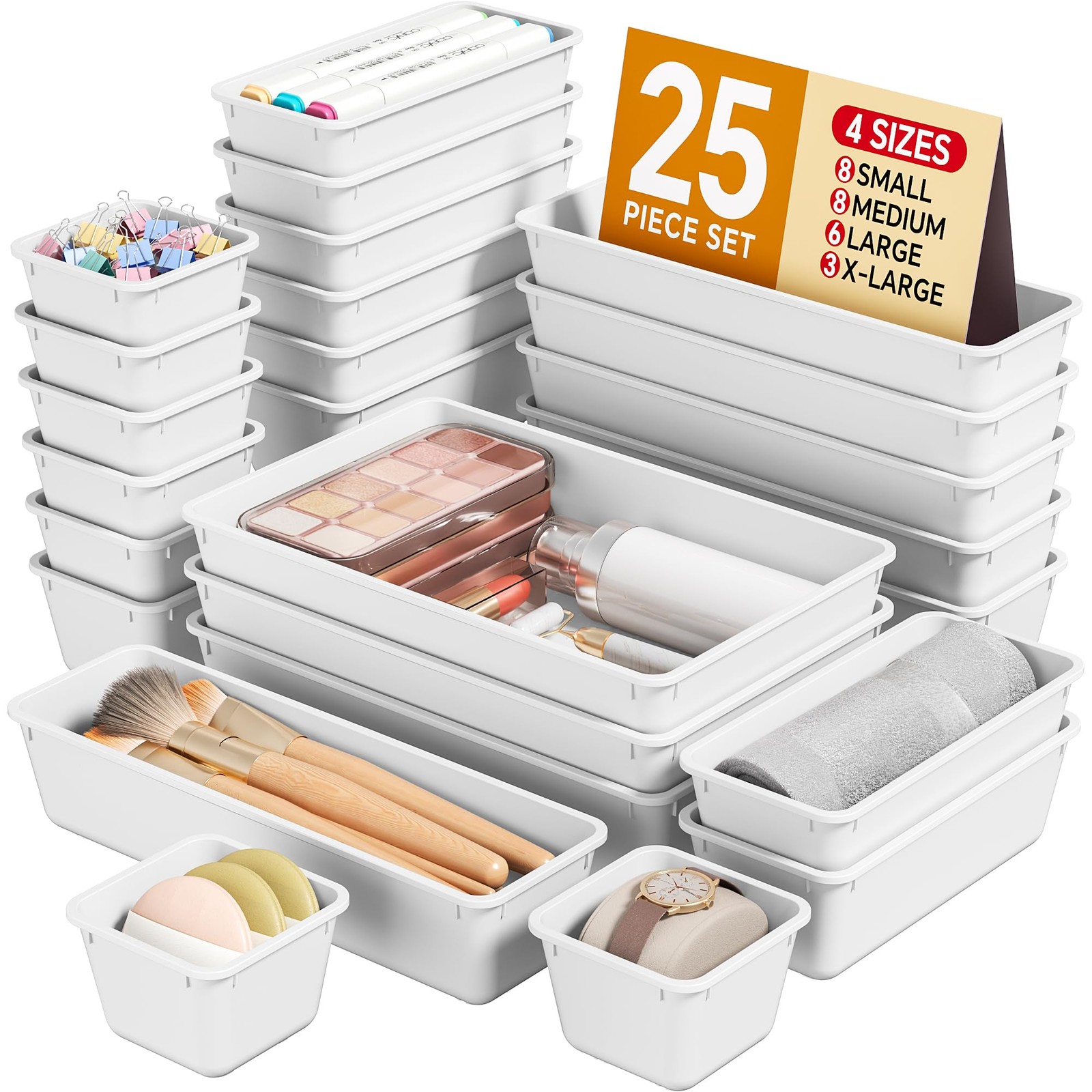 25 PCS Plastic Drawer Organizers Set, 4 Sizes Vanity Organizer, Makeup and De...