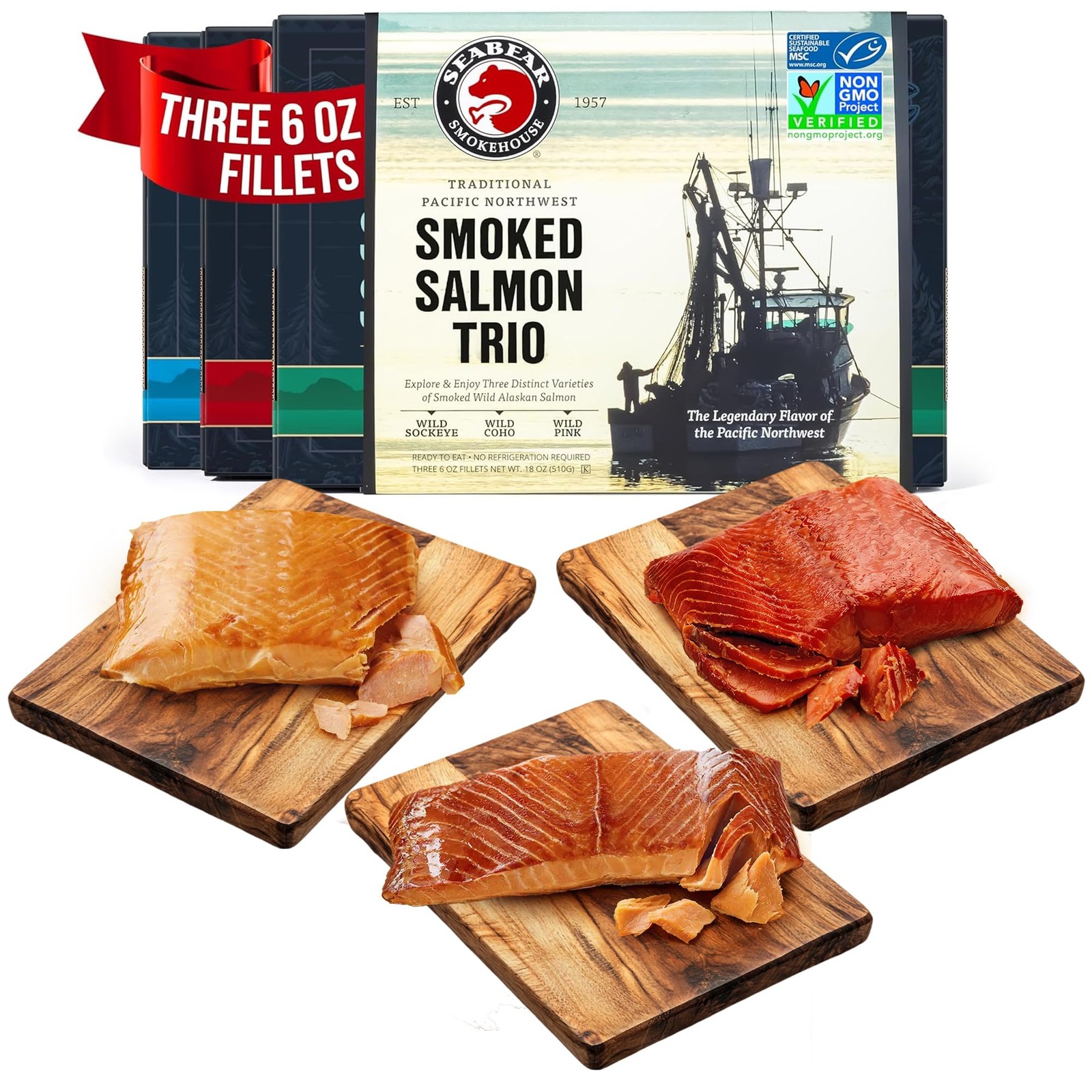 SeaBear - Wild Alaskan Smoked Sockeye, Coho, and Pink Salmon Trio - 18oz Box