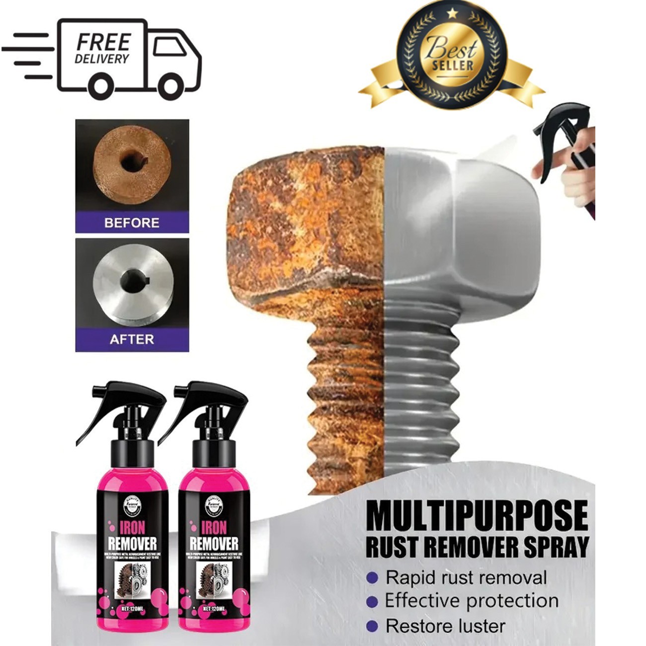 All-Purpose Rust Remover Spray 120ML Fast-Acting Iron Oxidation Eliminator