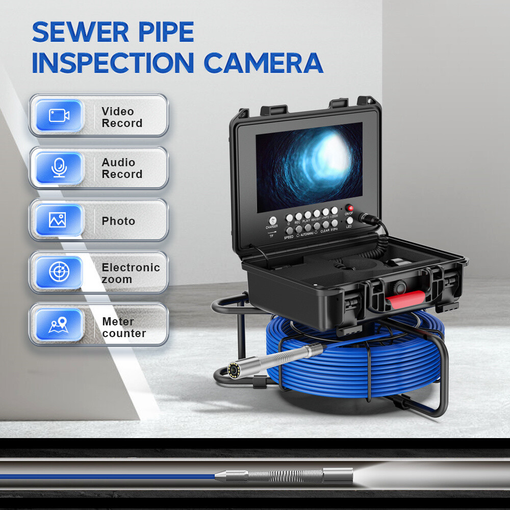 Pipe Inspection Camera Sewer Drain Endoscope w/ Meter Counter 9" Monitor 16G 20M