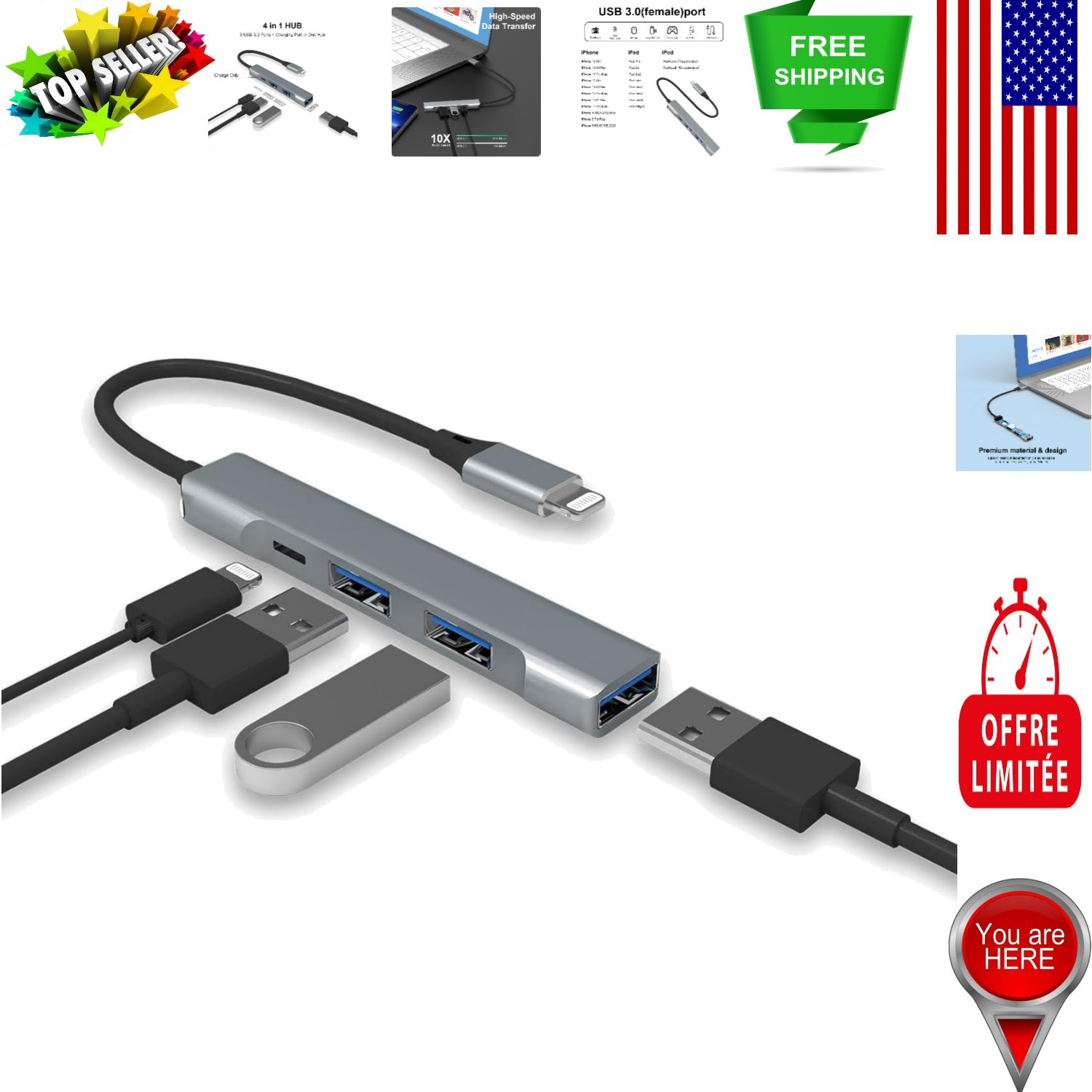 Apple MFi Certified Lightning to USB Hub - 4-in-1 OTG with Fast Charging