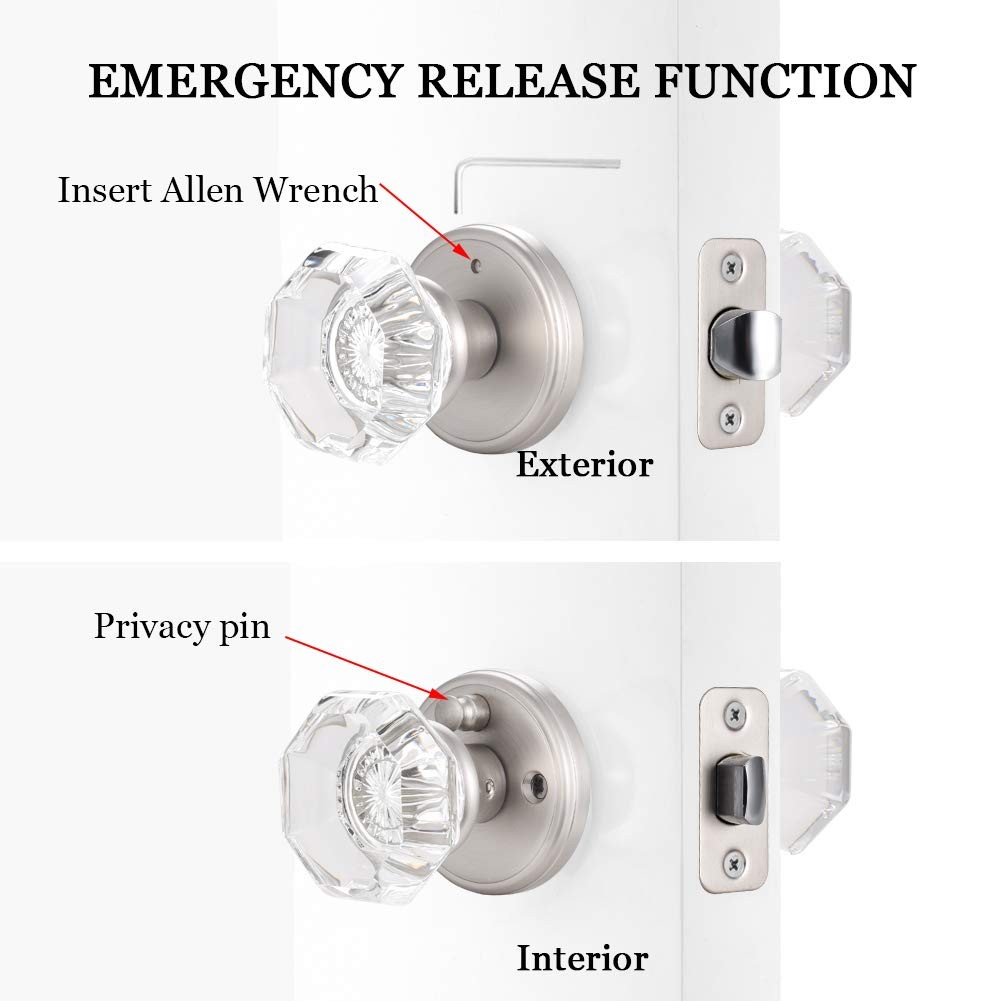 Crystal Glass Door Knobs Interior, Modern .Privacy, Satin Nickel