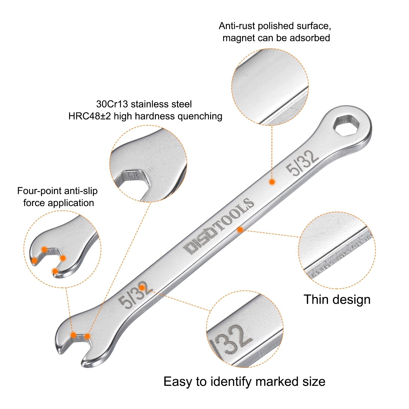 2pcs Thin Combination Wrench 5/32" with 12-Point Ended 15°Angled Open End