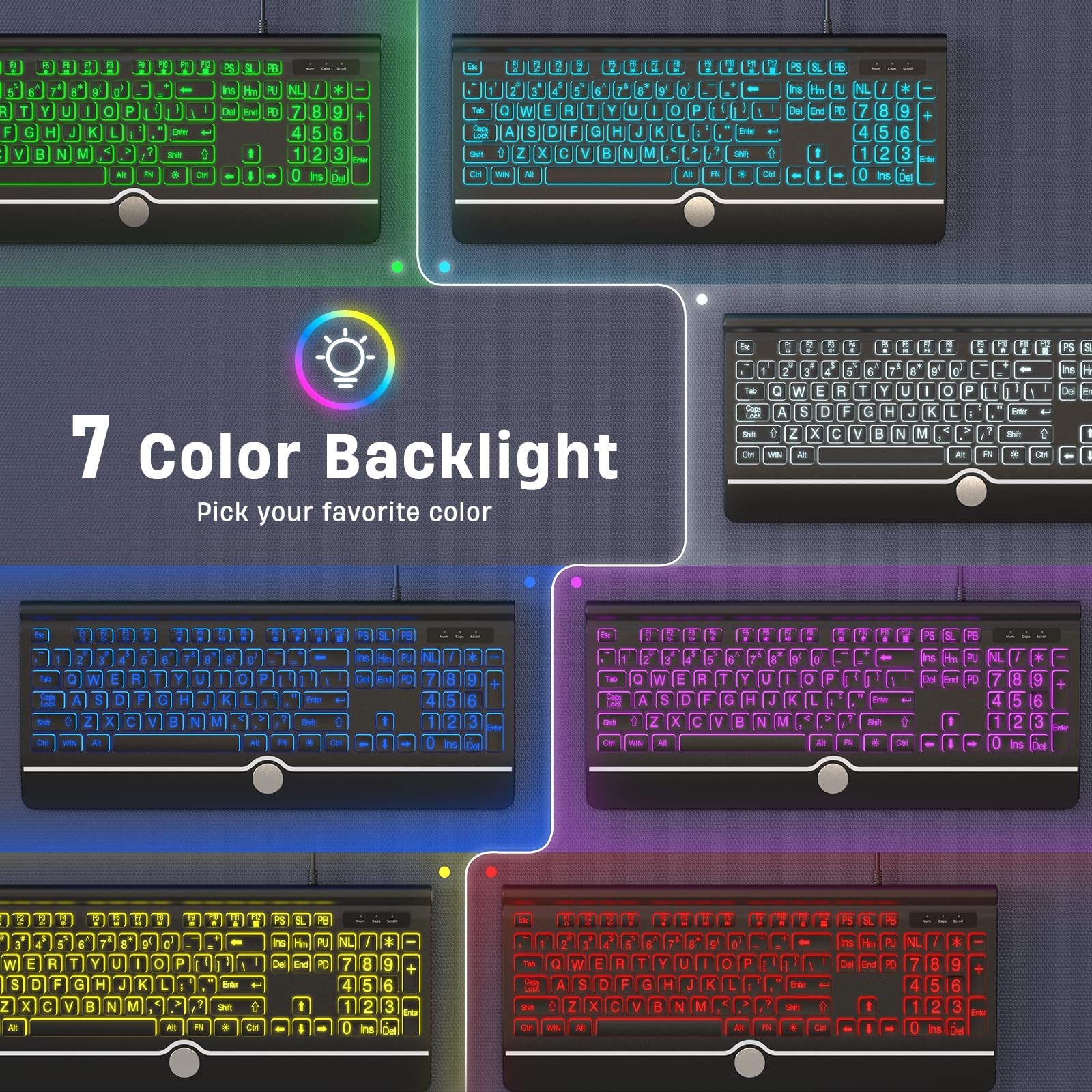 Computer Wired Keyboard, Large Print Backlit Keyboard with Wrist Rest, 7-Colors