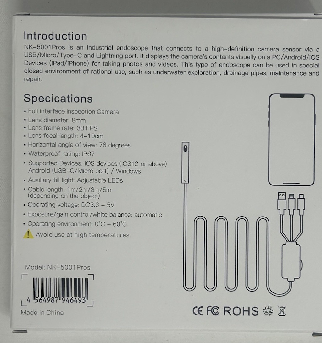 BondiTech NK-5001Pro 3M HD Endoscope Inspection Camera iPhone Android USB-C PC