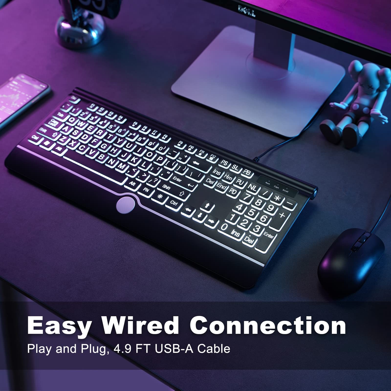 Computer Wired Keyboard, Large Print Backlit Keyboard with Wrist Rest, 7-Colors