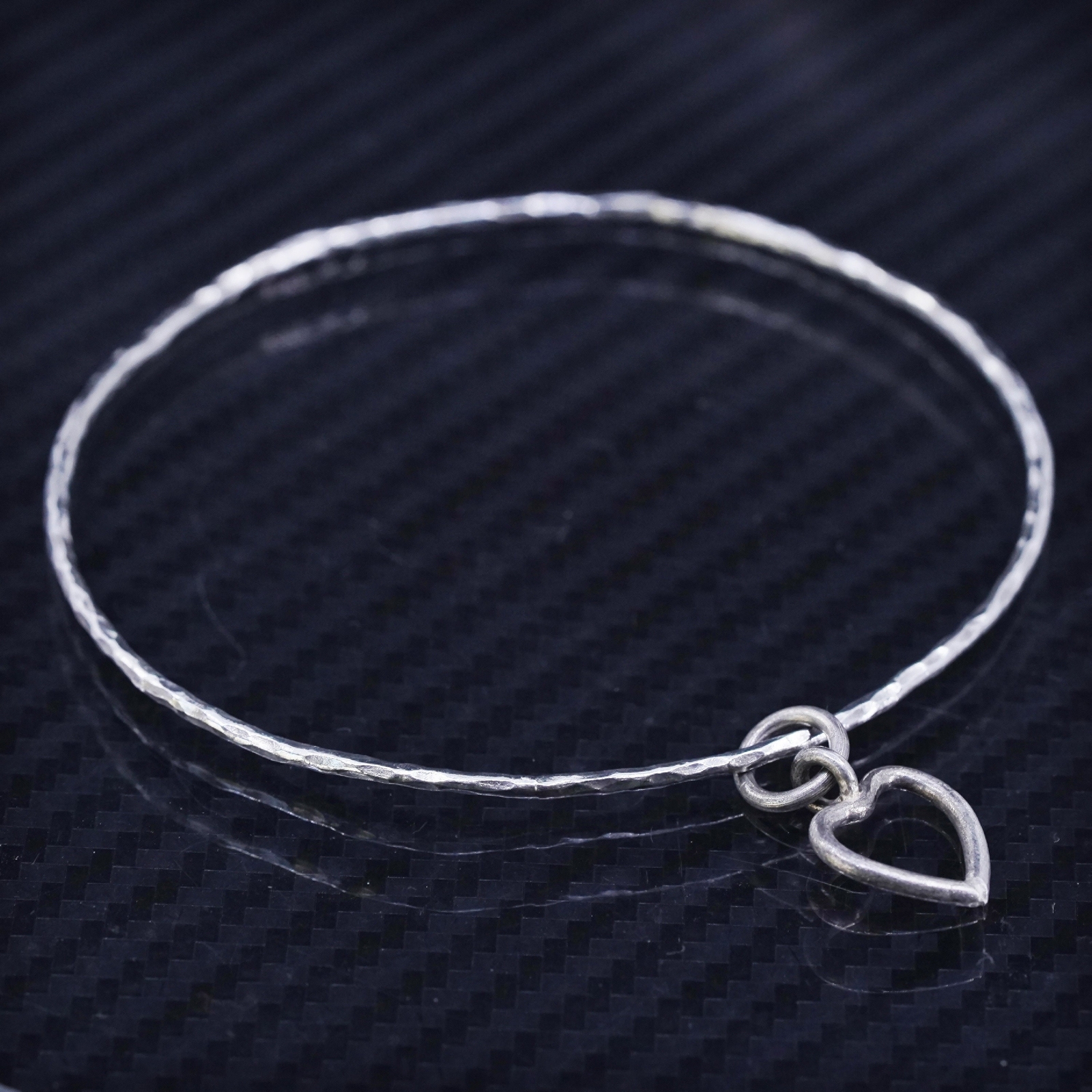 7.5”, sterling silver 925 hammered bangle, stackable bracelet with heart charm