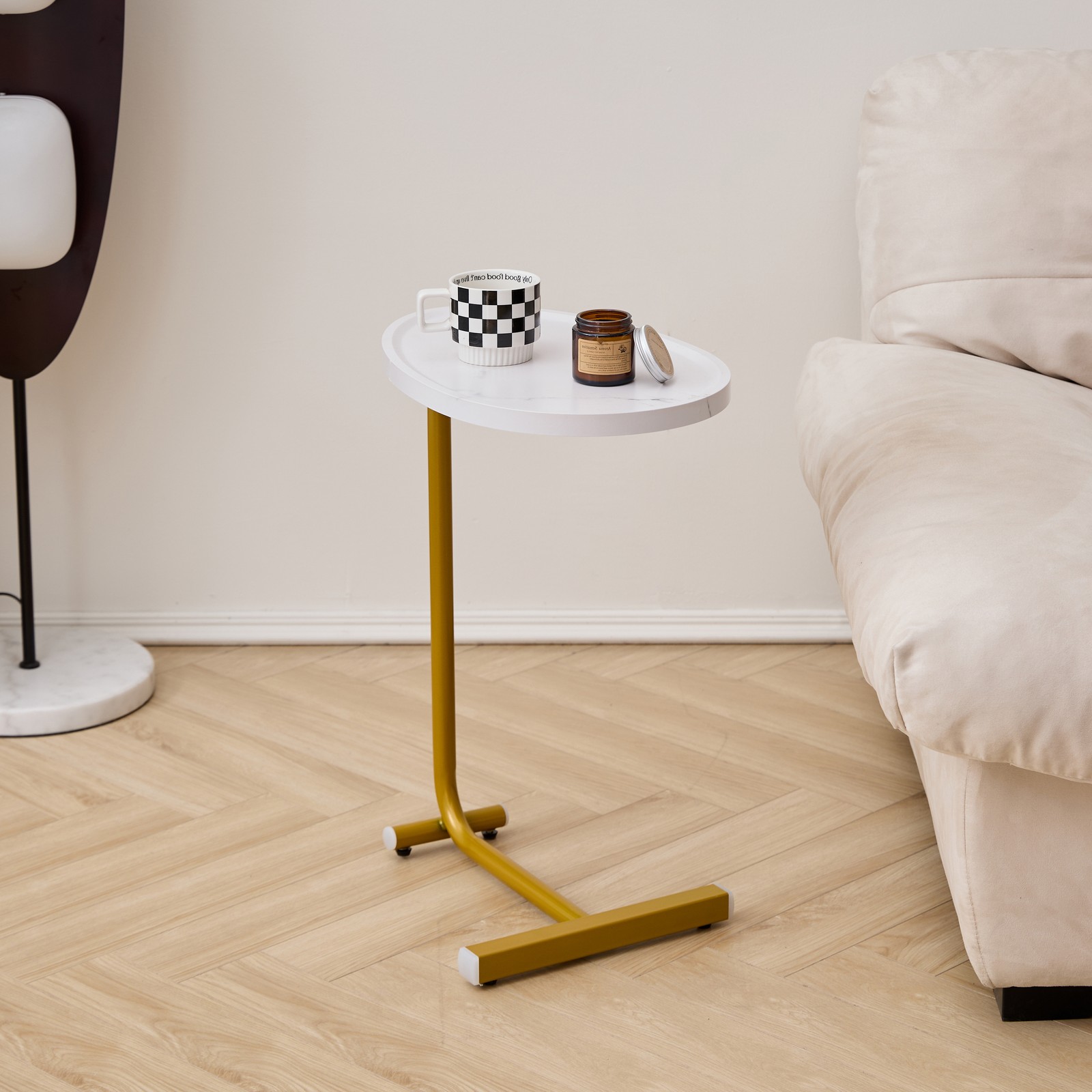 White C-Shaped Side Table, Sofa Bedside End Table, Metal & MDF