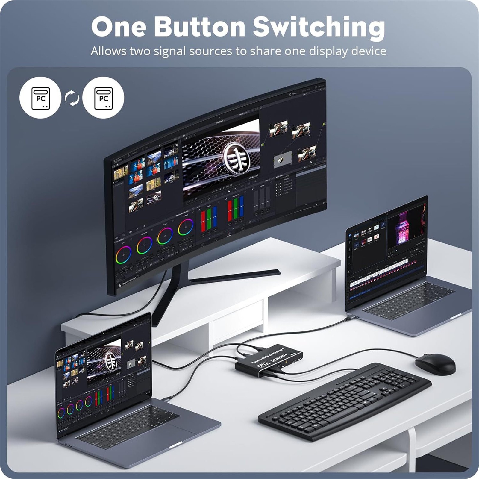 8K 2x1 USB C KVM Switch 100W PD Charge 2 In 1 Out For 2 Laptop 1 Monitor