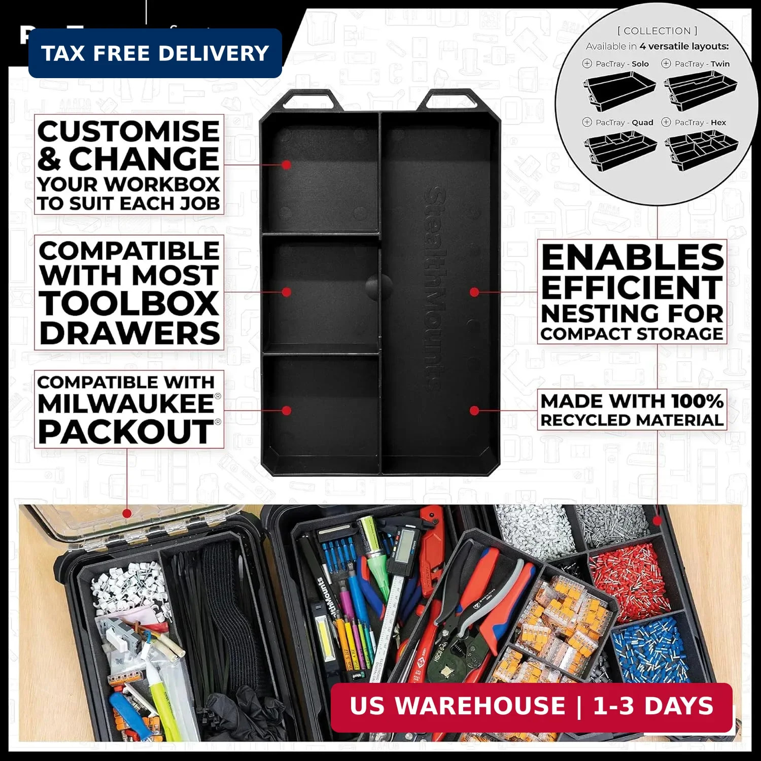 StealthMounts Quad PacTray | 4-Compartment ABS Tool Tray Compatible with Milwauk