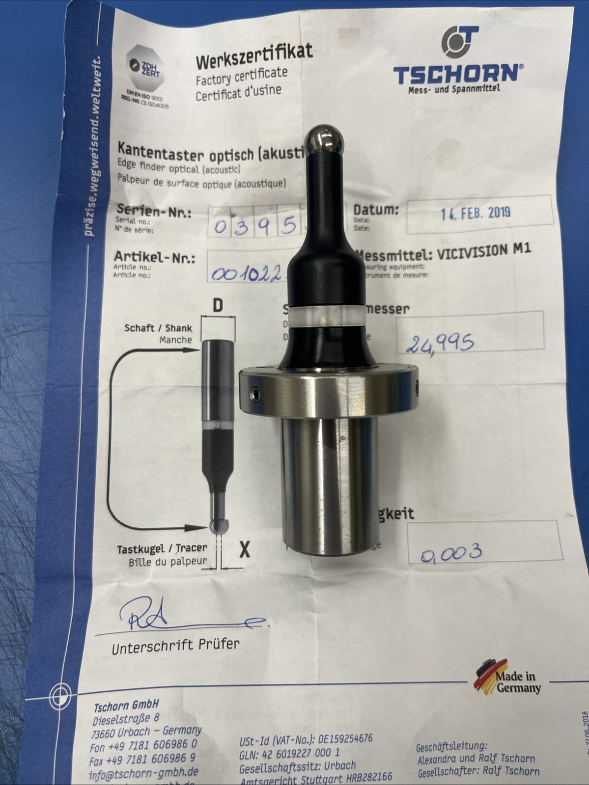 Tschorn Edge Finder Optical Acoustic CNC Measurement Probe 25mm Shank Germany