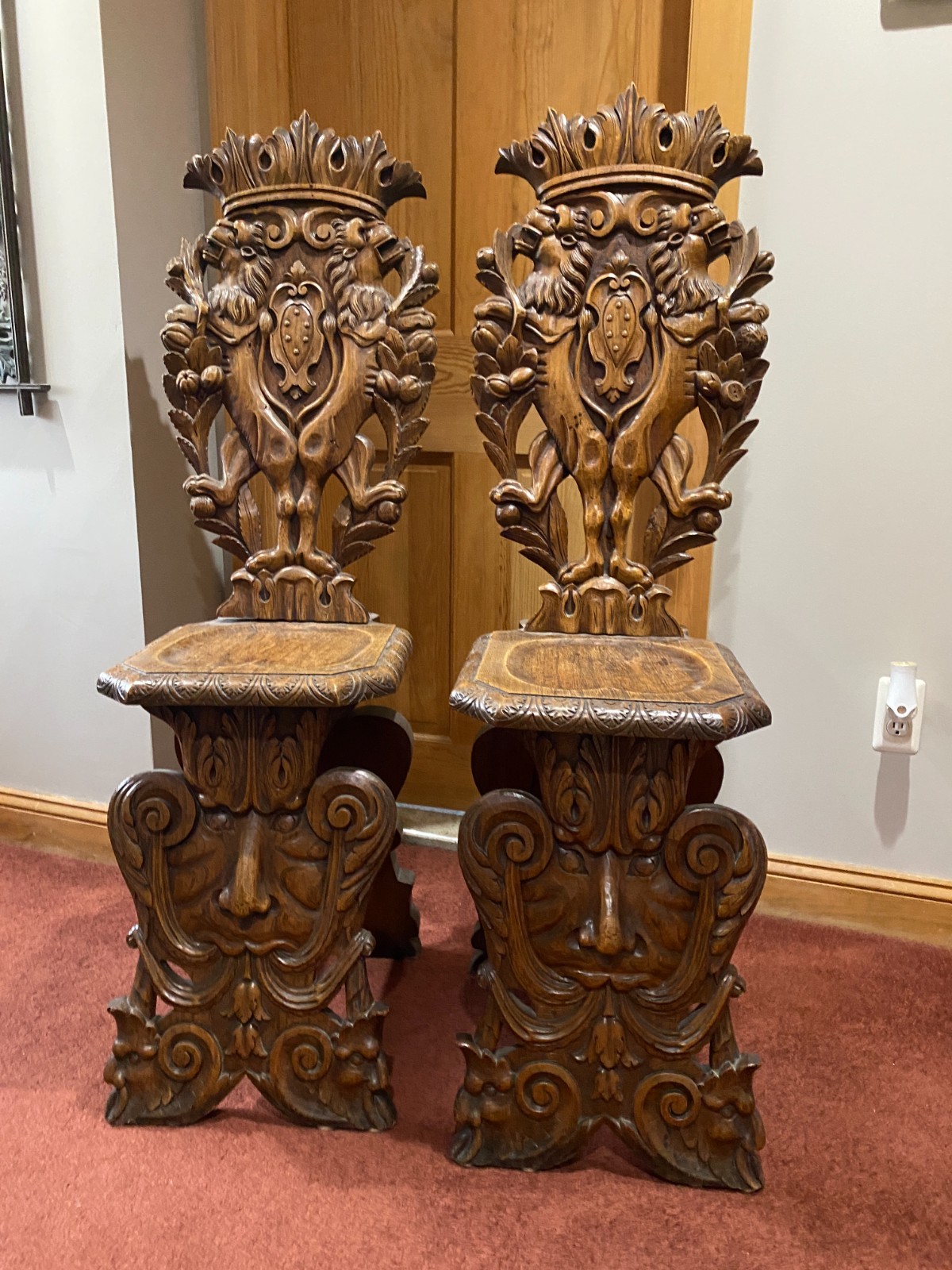 19th Century Italian Renaissance Carved Oak Sgabello High-Back Chairs - Set of 2