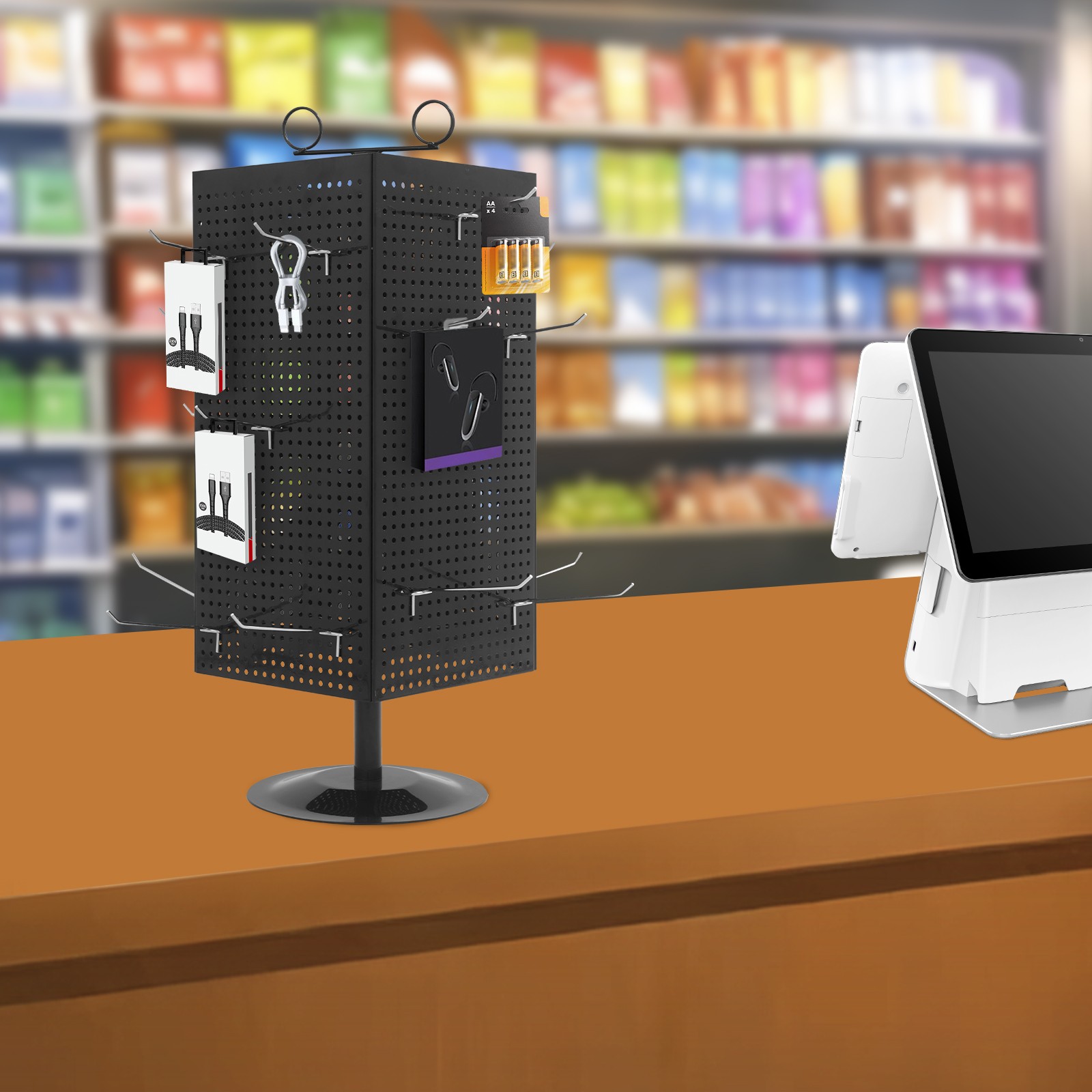 4-sided Black Revolving Display Stand Perforated Panel Display Stand Pegboard