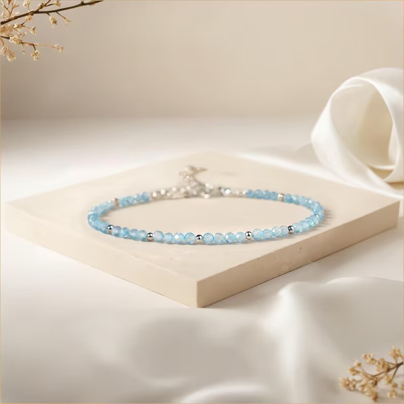 Natural Delicate Blue Topaz Healing Reiki Crystal Minimalist Birthstone Bracelet