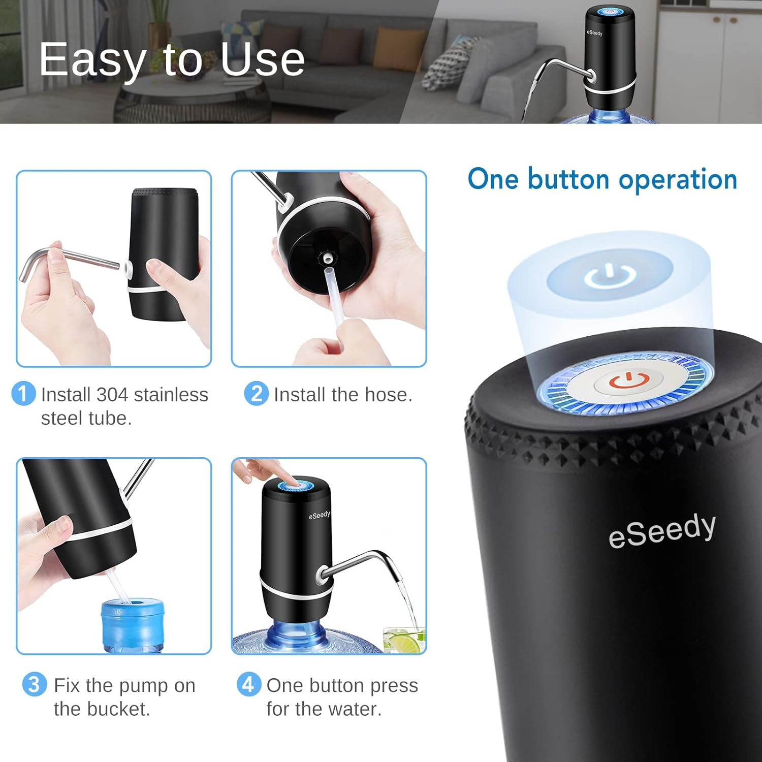 Automatic USB Rechargeable Water Pump for 5 Gallon Bottles - Black
