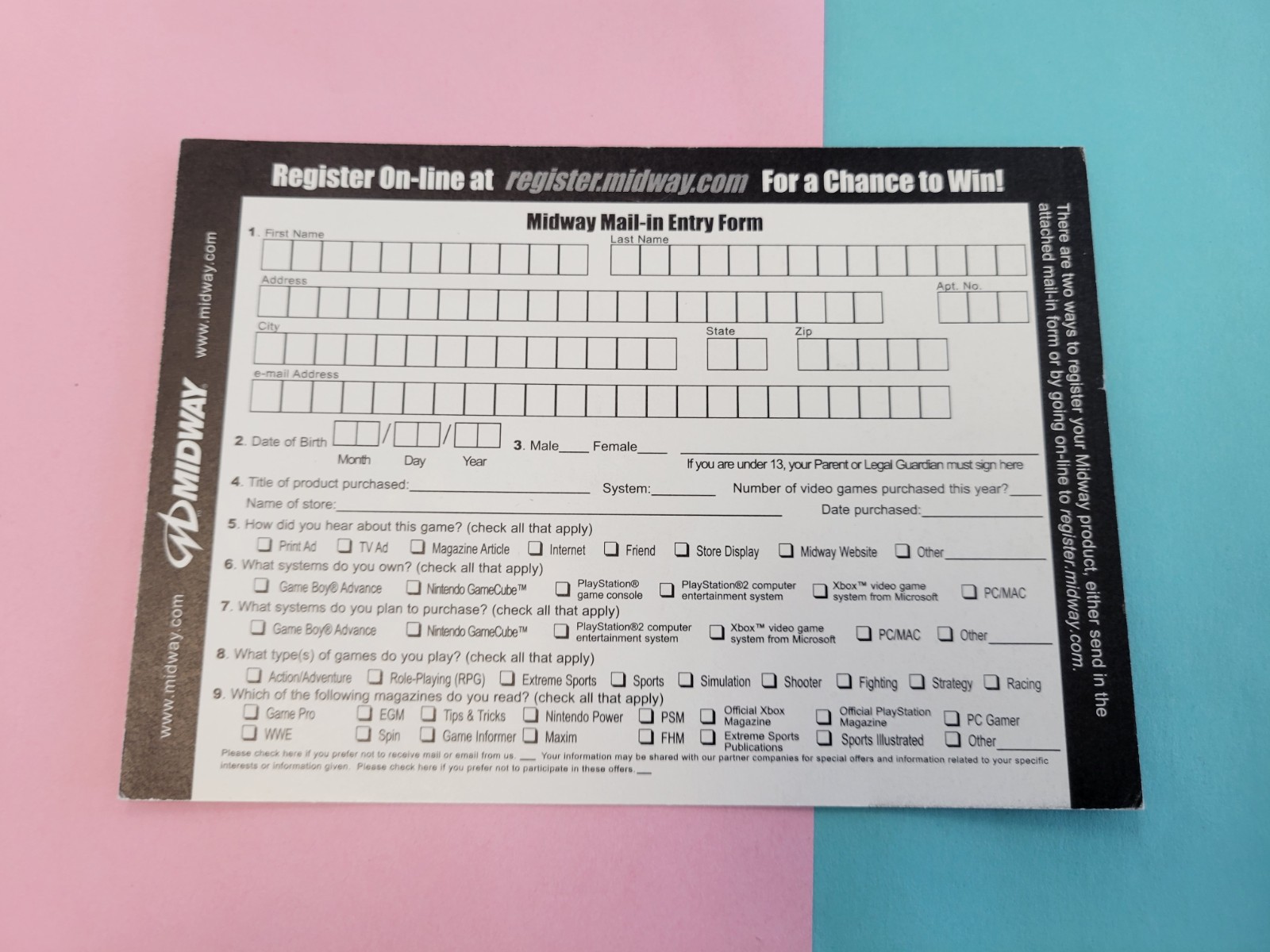 Midway Registration Mail In INSERT ONLY Authentic GameCube PlayStation 2 XBOX