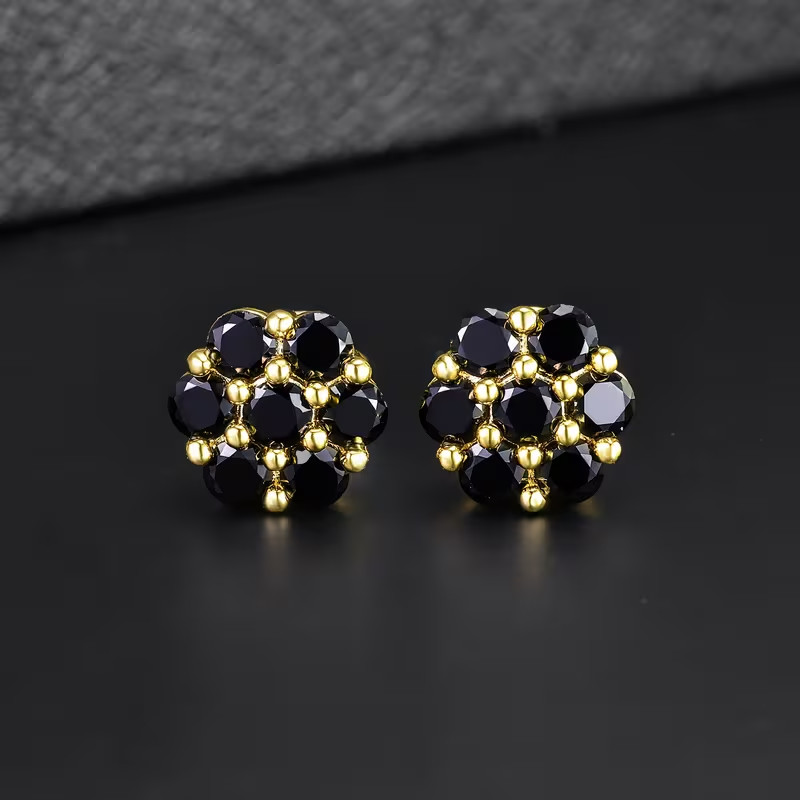 2.00Ct Lab-Created Black Diamond Flower Stud Earrings In 14K Yellow Gold Plated