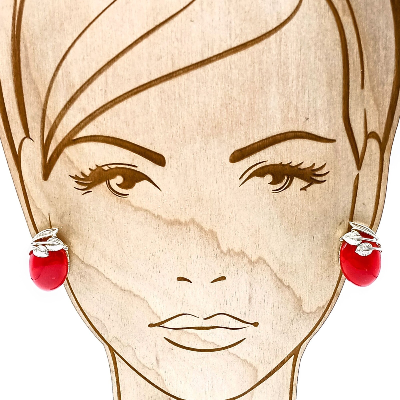 Vintage Red Lucite Earrings with Gold Tone Leaves Overlay, Dimensional Clip Ons