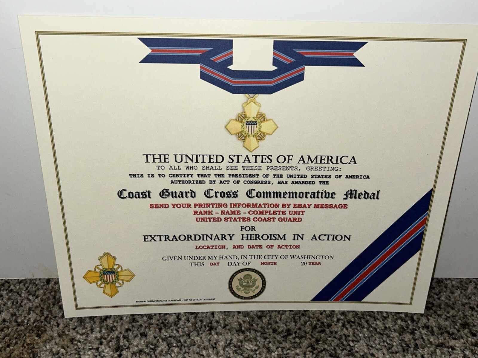 COAST GUARD SERVICE COMMEMORATIVE BLUE CROSS CERTIFICATE ~ TYPE-2 w/PRINTING