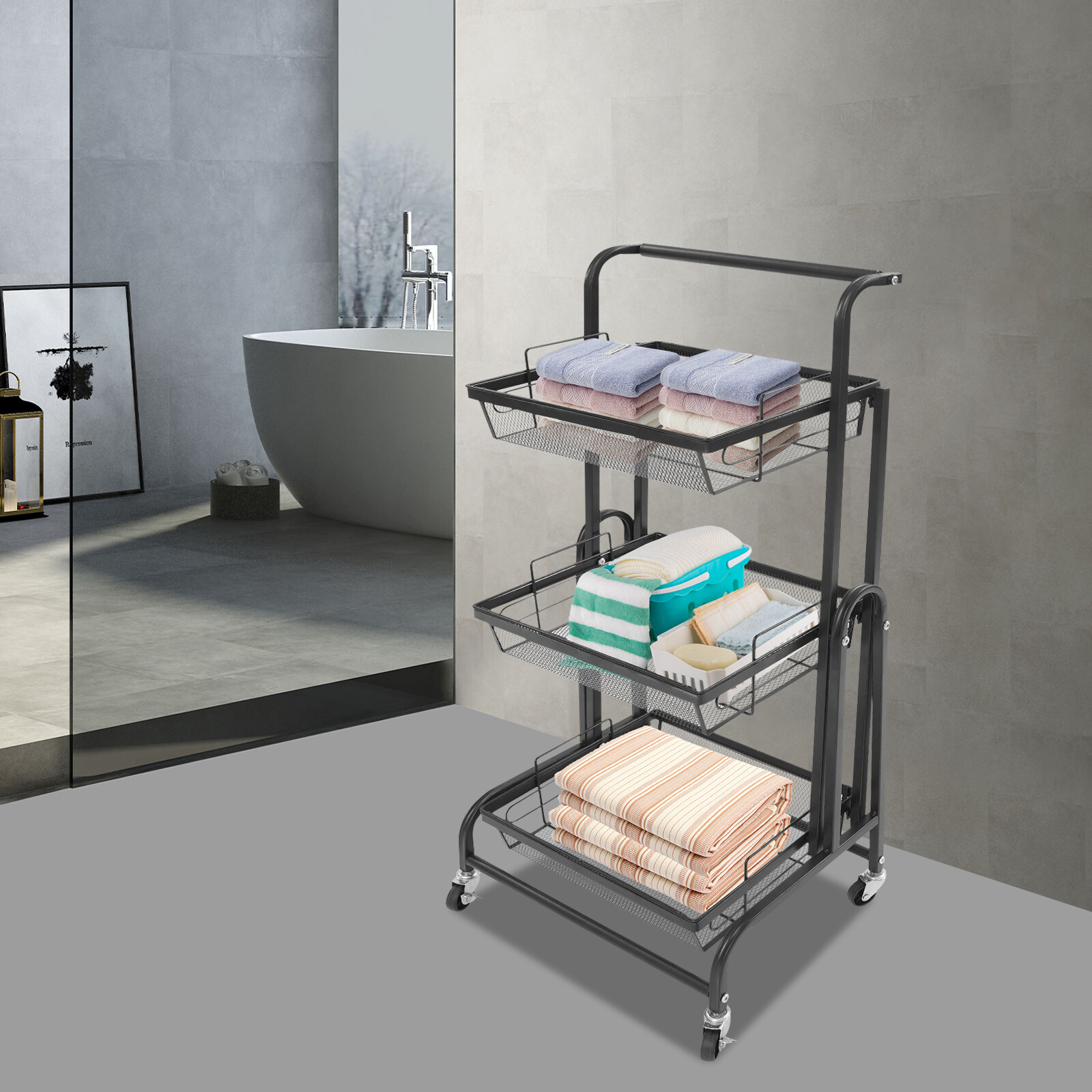 3-Tier Adjustable Metal Rolling Utility Cart, Multi-Functional Storage Cart