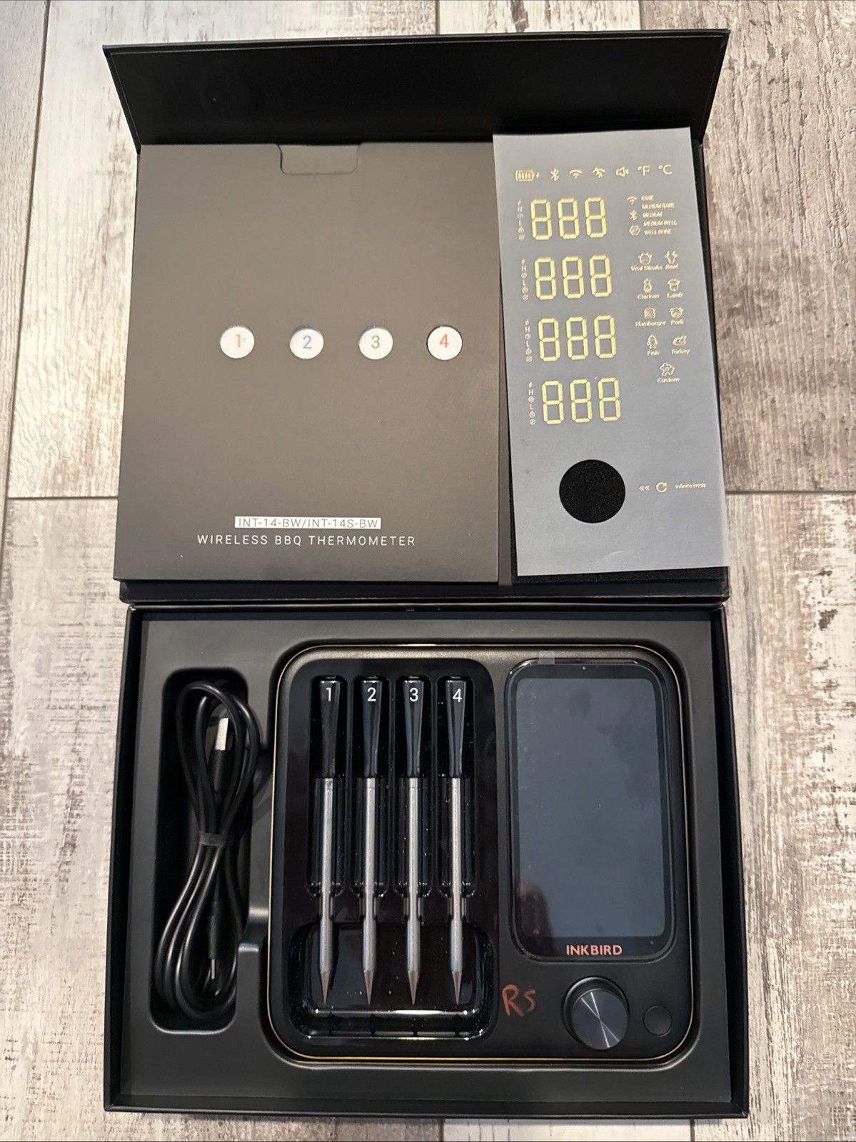 INKBIRD INT-14S-BW Wireless Digital Meat BBQ Thermometer 4-Probe Black Open Box