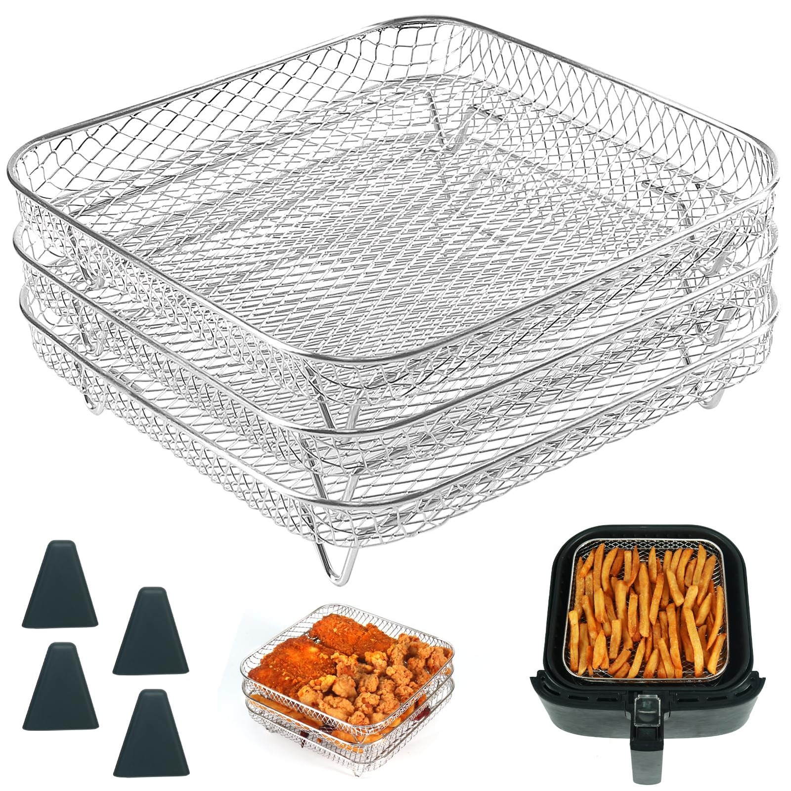 BYKITCHEN 8 inch Square Air Fryer Rack, 3pcs Stackable for 6-7.5 QT, Silver
